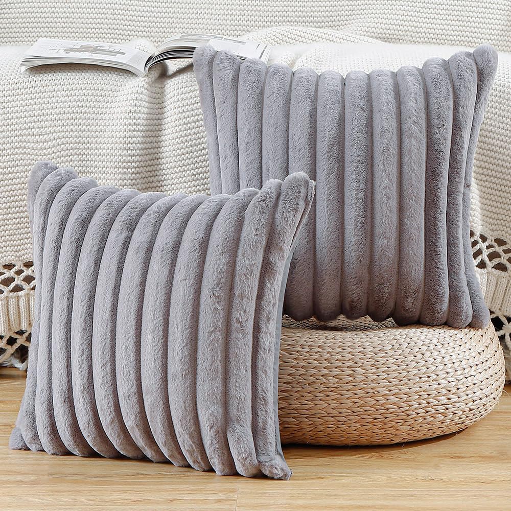 MADIZZ Set of 2 Faux Wool Plush Decorative Throw Pillow Covers 22x22 Inch Grey Fluffy Striped Soft Decorative Cushion Cover for Sofa Bedroom Pillow Shell