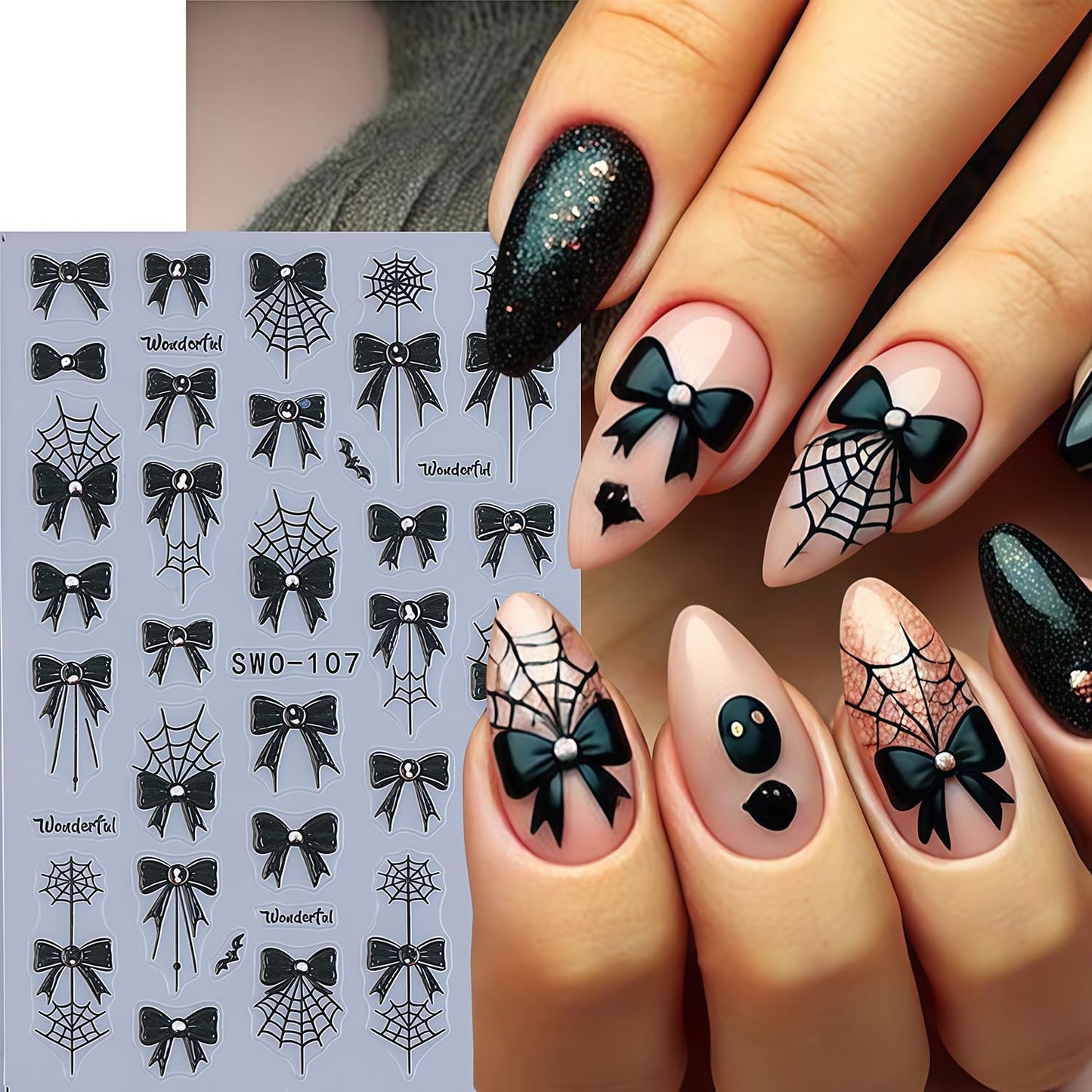 Halloween Nail Art Stickers Spider Web Nail Decals Self-Adhesive Shiny Crystal Diamond Bow and Blood Cute Design Nail Sticker Festival DIY Manicure Decoration for Women Salon Manicure Kit