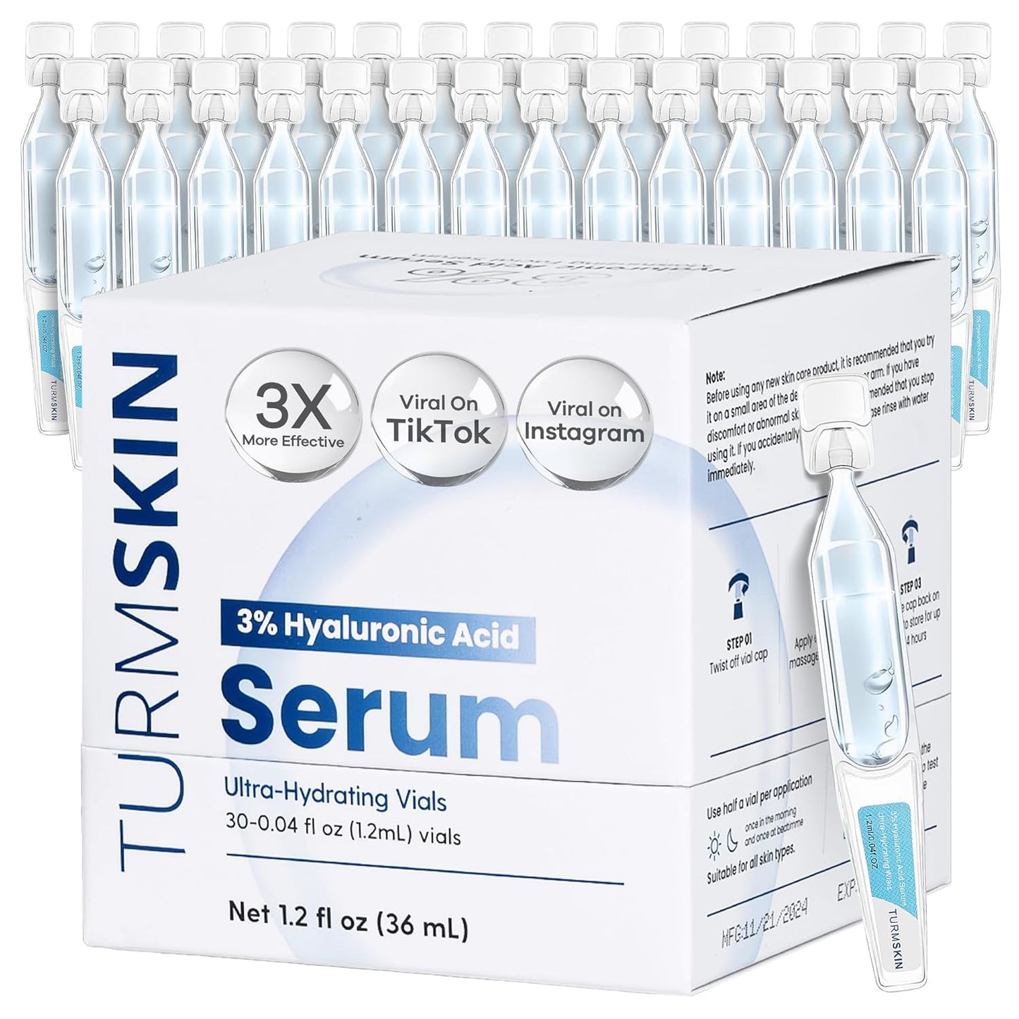 TURMSKIN® Hyaluronic Acid Serum Ampoules [ULTRA HYDRATING VIALS] - 3% Hyaluron Booster for Glass Skin & Anti Aging - 24 Hours Hydration - Soft PE Triple Hyaluronic Complex for Faceskin Repair & Renew