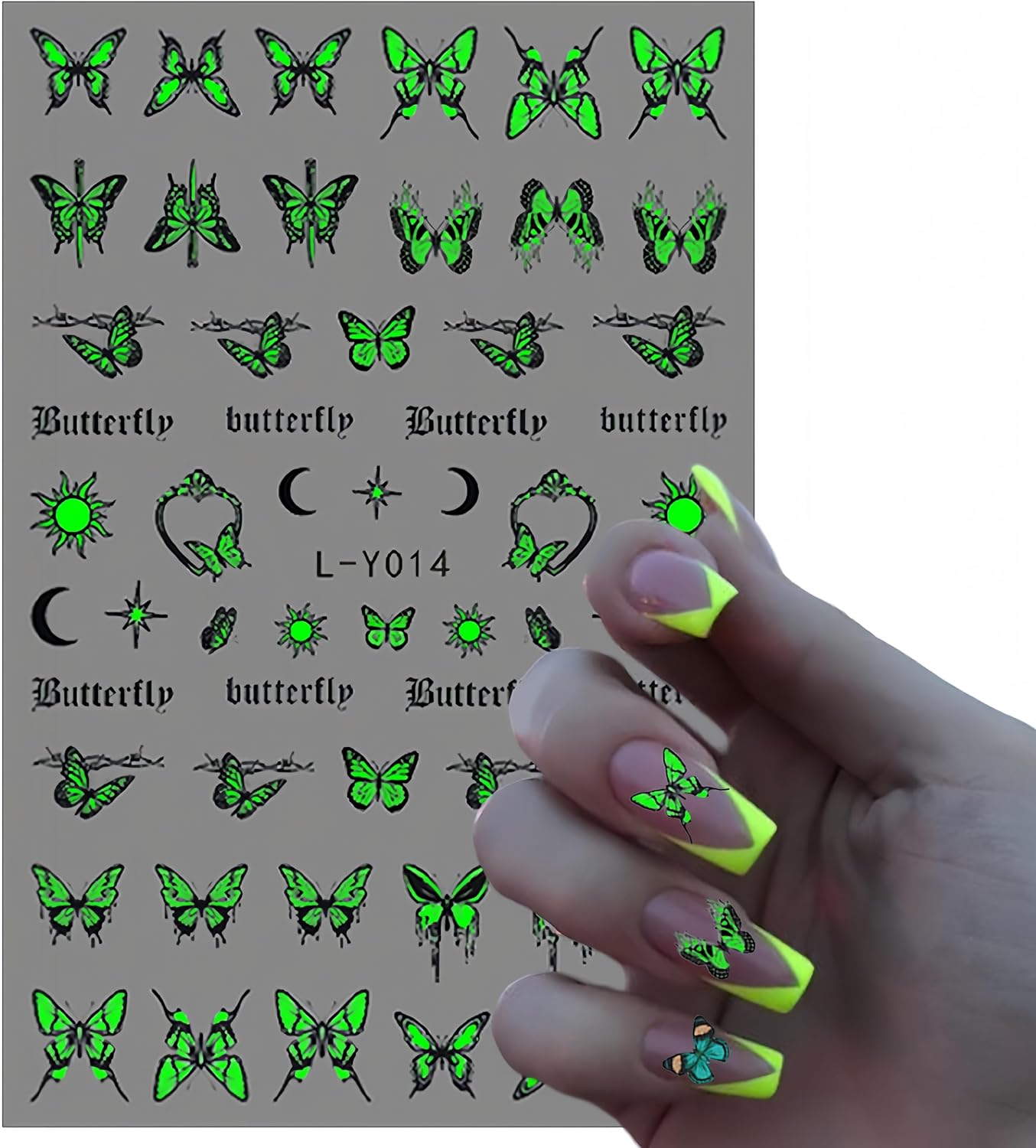 6 Sheets Luminous Butterfly Nail Art Stickers 3D Self-Adhesive Butterfly Nail Decals Holographic Butterflies Nail Art Supplies for Women Manicure Glow in The Dark Decoration Fluorescent Nail Decal