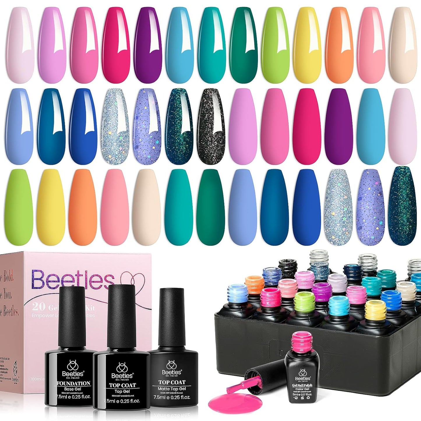 Beetles Gel Nail Polish Set- 23Pcs Color Gel Polish with Base Gel Top Coat Bright Colors, Gel Polish Kit Blue Pink Purple Orange Green Glitter Soak Off Uv Led Trendy Rainbow Nail Art