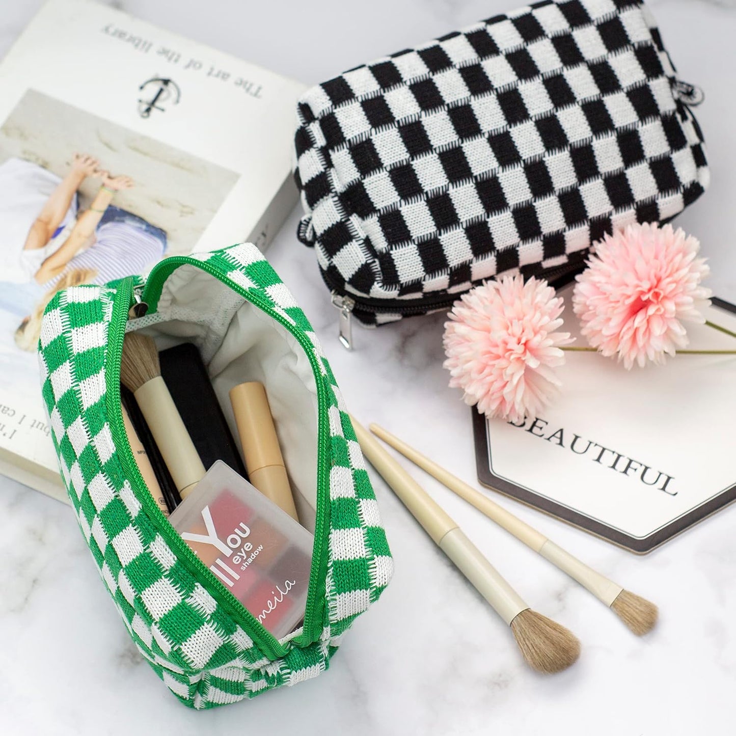 PAZIMIIK Checkered Makeup Bag for Purse Portable Zipper Make Up Pouch Small Cosmetic Case for Travel Accessories (2PCS Black Green)