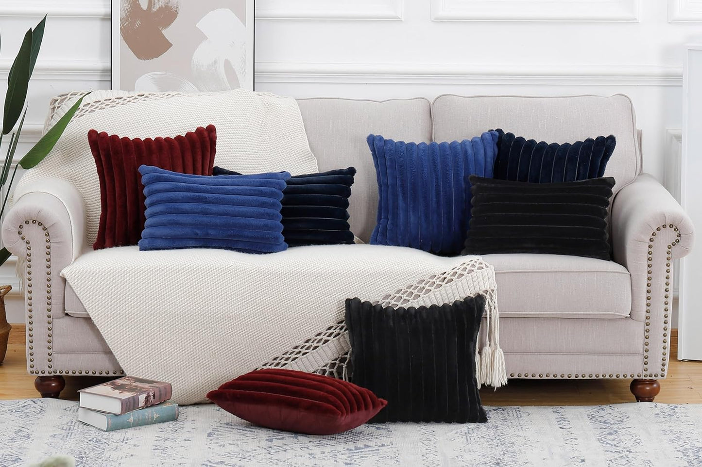 MADIZZ Set of 2 Faux Wool Plush Decorative Throw Pillow Covers 16x16 Inch Burgundy Fluffy Striped Soft Decorative Cushion Cover for Sofa Bedroom Pillow Shell