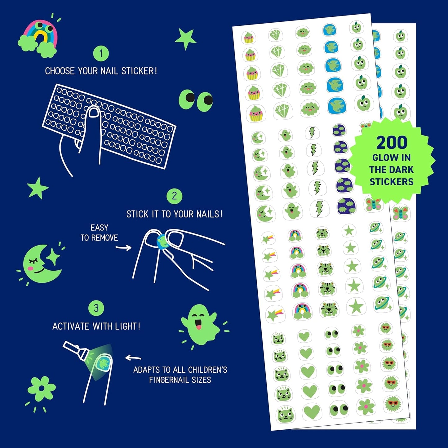 Omy Glow in The Dark Nail Stickers for Kids - 200 Stickers, Waterproof, Durable, Fun, Creative Designs | Strong Enough to Last Through Hand Washing - Easy to Apply, Safe, Non-Toxic | Age 3 and Up