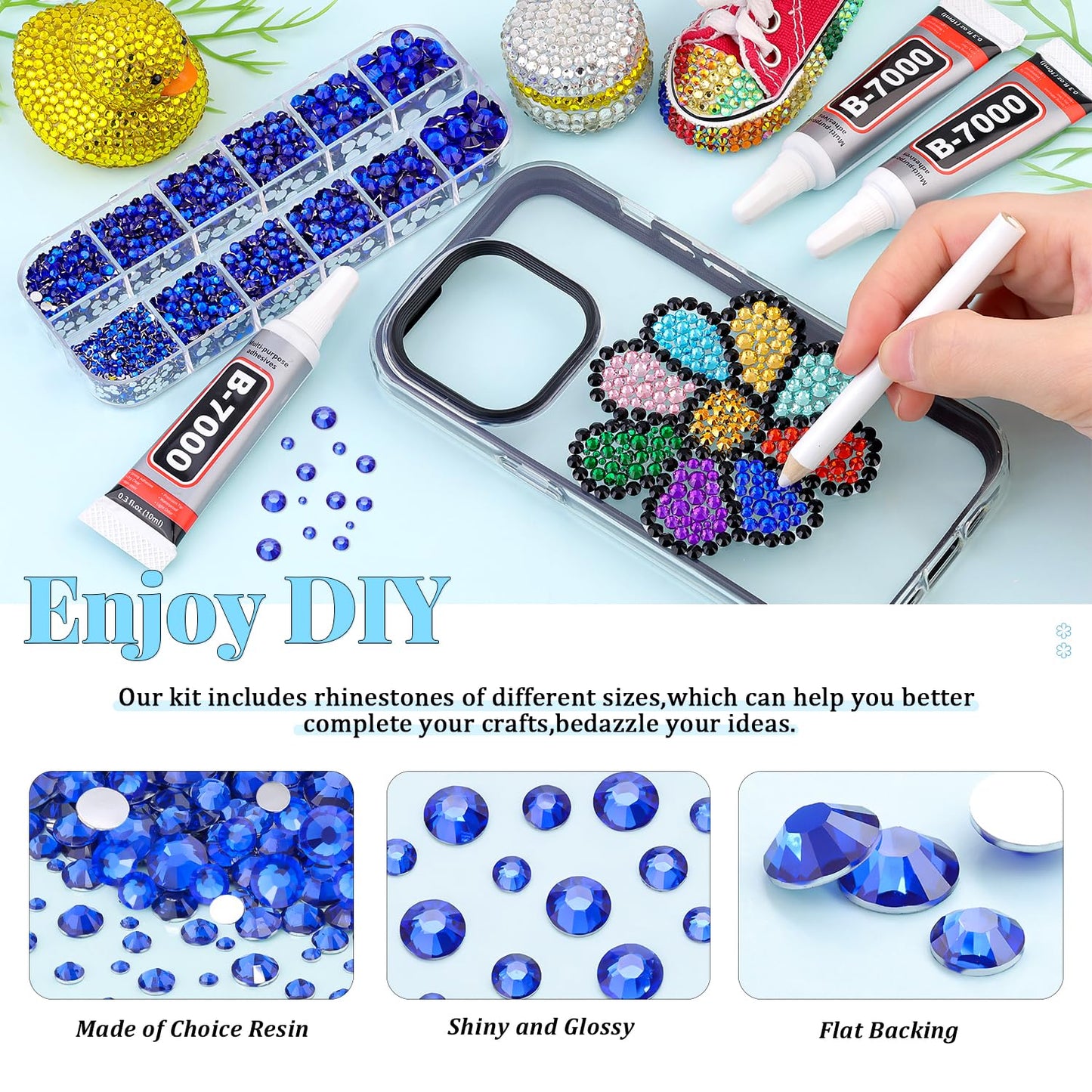 6000Pcs Resin Rhinestones for Bedazzling with 3Pcs B7000 Jewelry Glue, 1 Box Royal Blue Flatback Rhinestones for Crafting Crafts DIY, Crystals Gems for Clothing Shoes Tumblers Nail Art Makeup