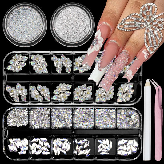 Rhinestones for Nails, Flatback Multi Shape Gems 3D Flowers Nail Charms Mixed Nail Glitter Powder Supplies Moonlight Crystal Jewelry Accessories for Women Manicure Decorations Design