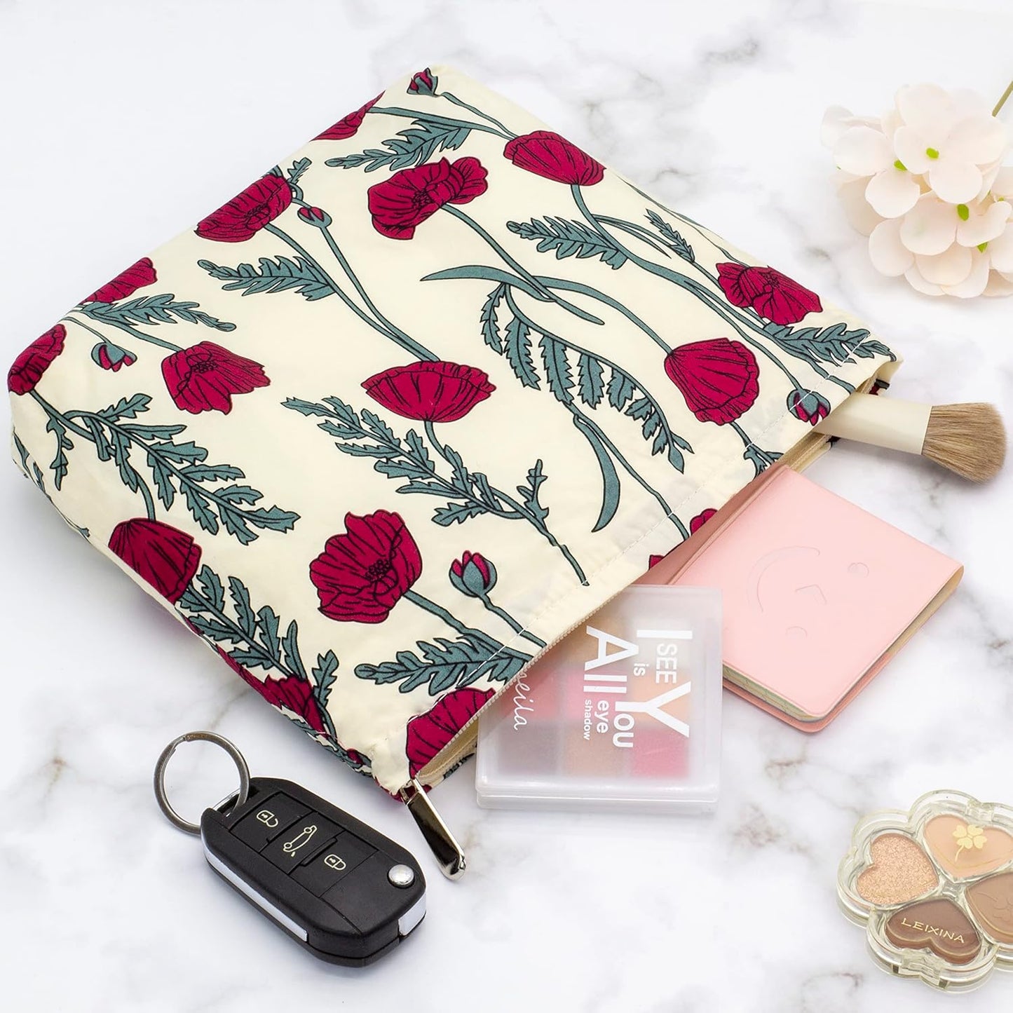 PAZIMIIK Floral Makeup Bag Large Cotton Zipper Pouch for Purse Travel Canvas Make Up Organizer for Women Cosmetic,Poppy Beige