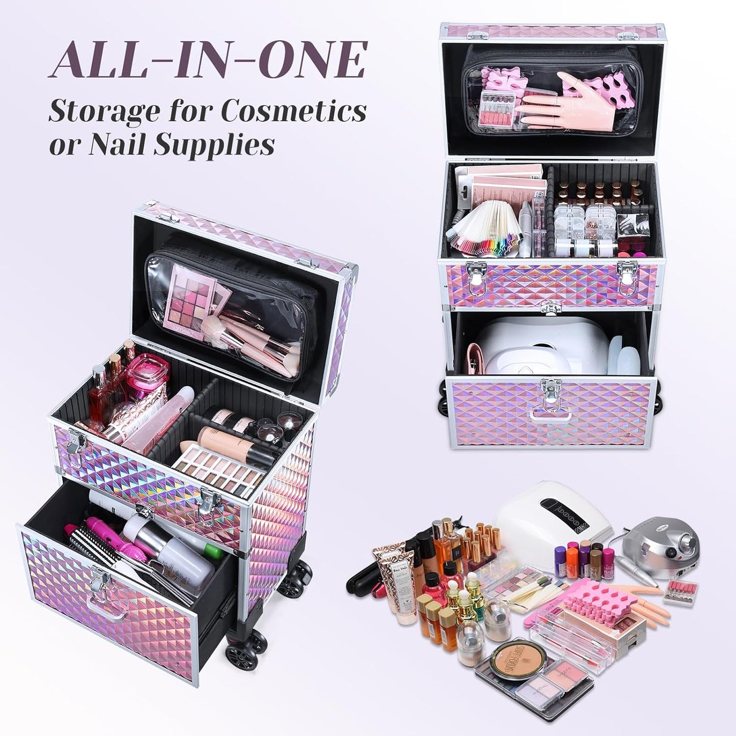 Adazzo Professional Rolling Makeup Case with Drawer for Makeup Artists Cosmetic Train Case Large Storage Case for Nail Technicians Cosmetology Case with Detachable Bag for Hairstylist Pink