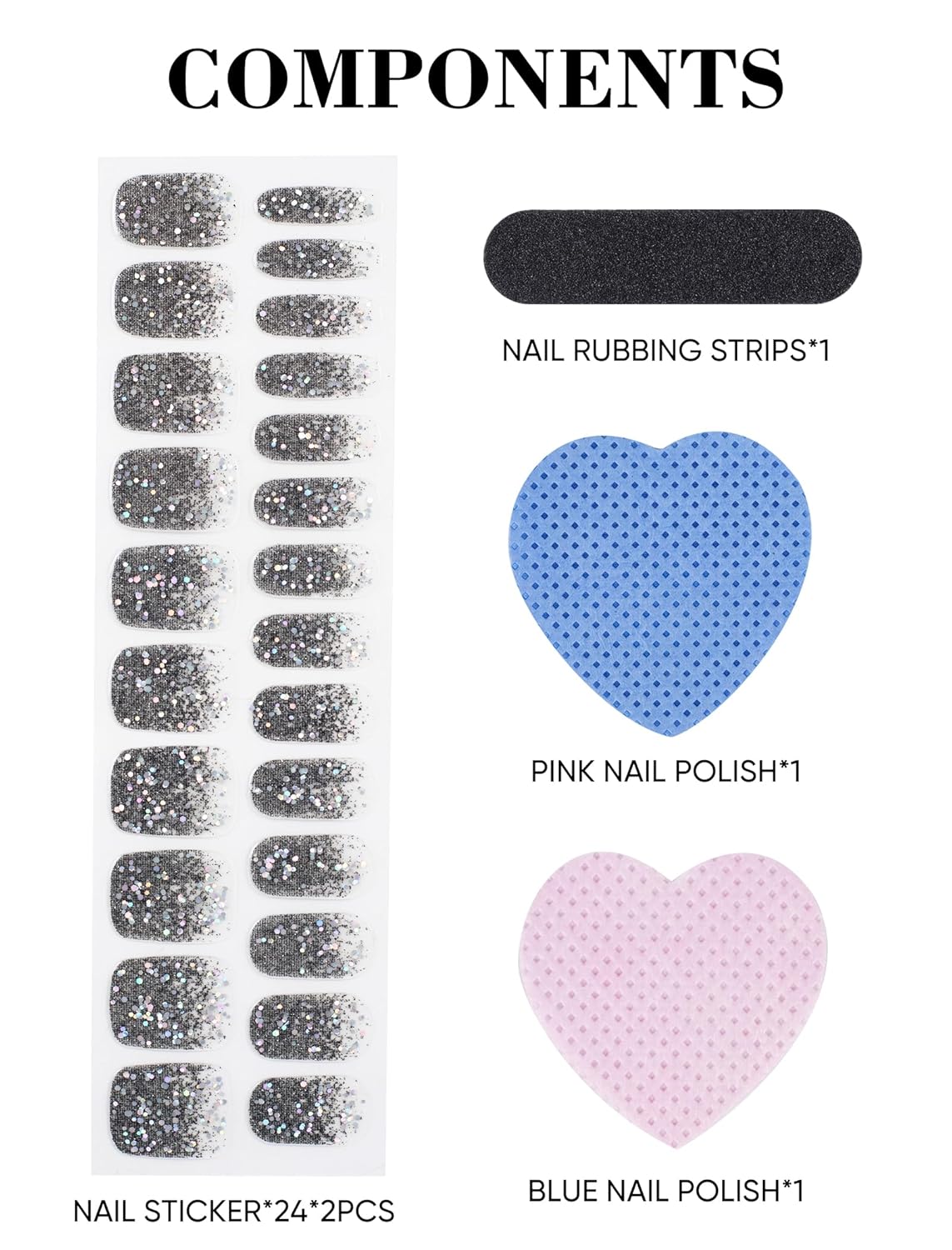48 Pcs UV-Free Semi Cured Gel Nail Stickers for Women, No UV Light Needed Press on Self-Adhesive Nail Polish Strips Kit with Nail File Glitter Nail Art Wraps (Black)(Black)