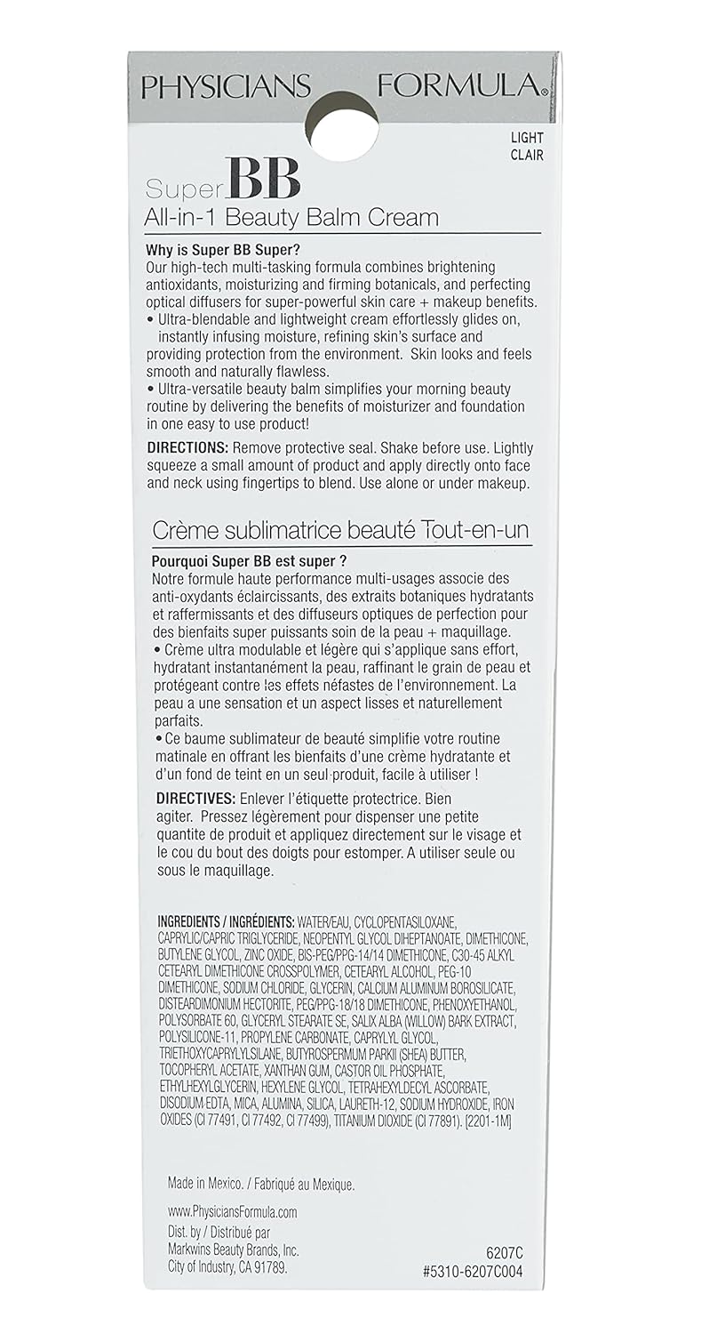 Physicians Formula Super BB Cream All in 1 Beauty Balm Foundation Cream SPF 30, Light | Dermatologist Tested, Clinicially Tested