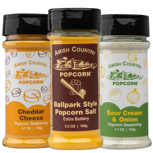 Amish Country Popcorn | Seasoning Variety Pack | 5.5 oz BallPark Style ButterSalt - 4.7 oz Cheddar Cheese & 4.7 oz Sour Cream and Onion Popcorn Seasoning