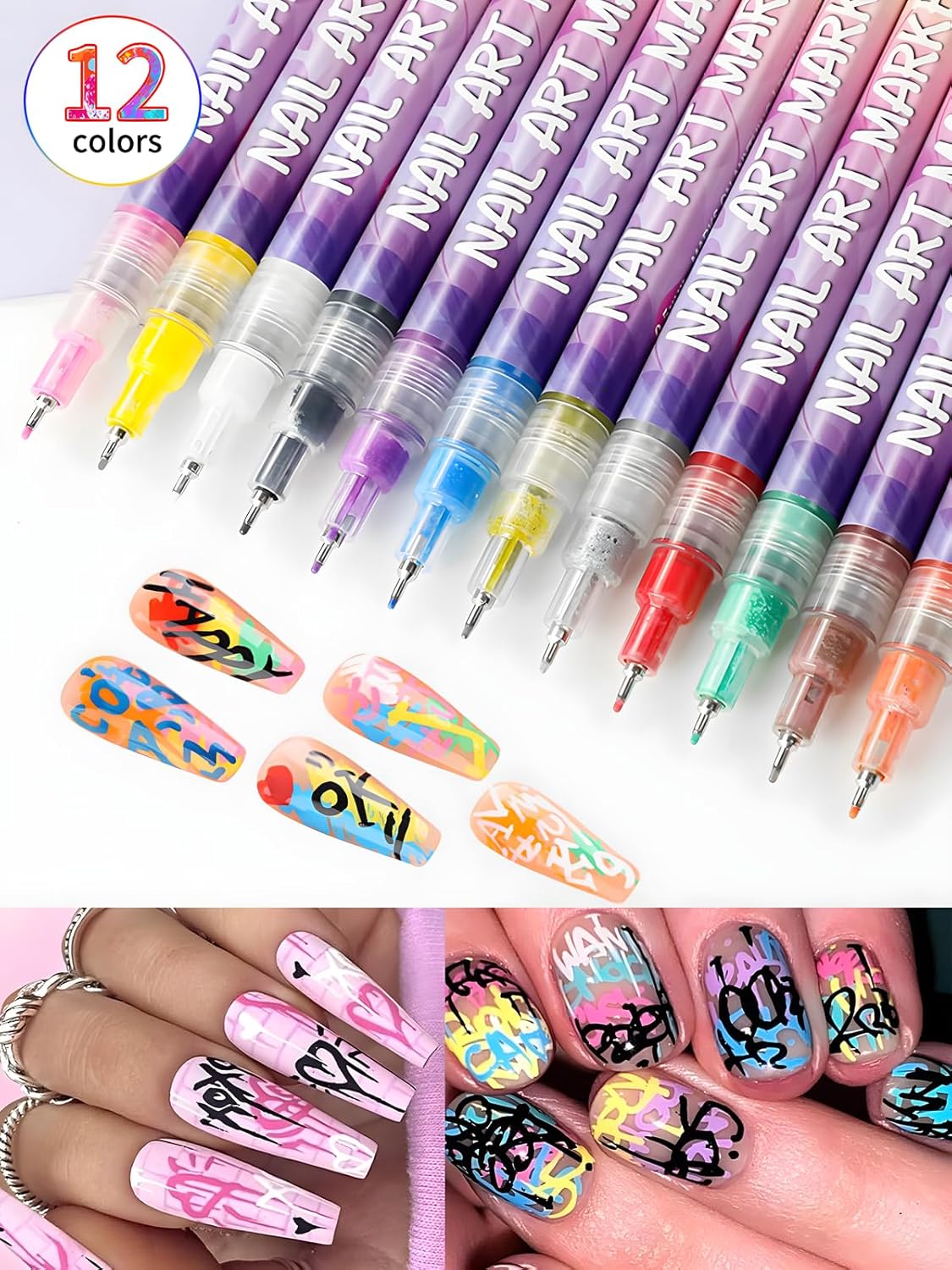 Fine Tips 3D Nail Art Pens, 12 Colors 0.5 MM Nail Marker Pens Nail Point Graffiti Dotting Drawing Painting Liner Pen for Home Salon Quickly Dry Nail Art