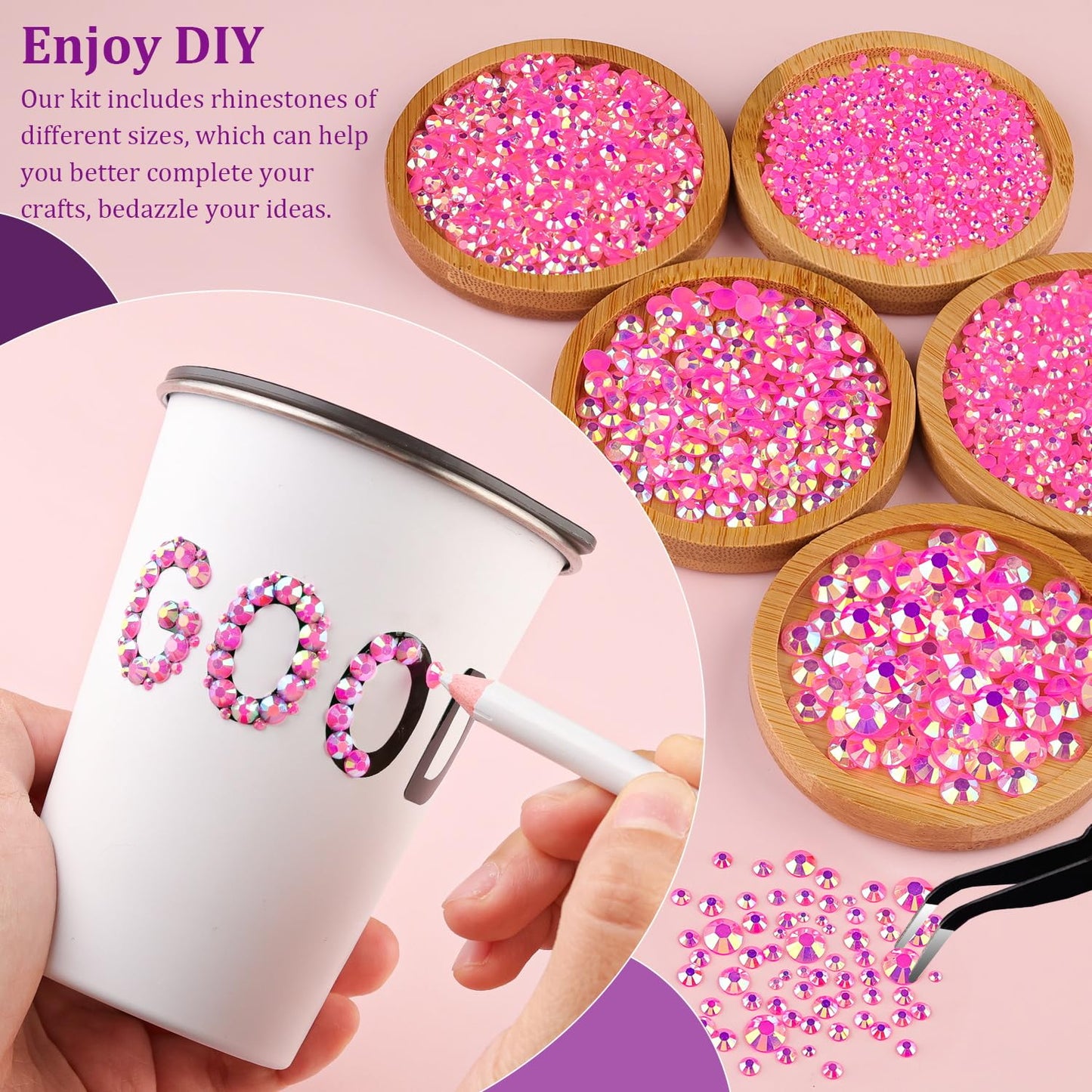 Resin Jelly Rhinestones for Crafting with B7000 Jewelry Glue, 2 Boxes Hot Pink AB Flatback Crystals with 3Pcs 10ml Glue, Bedazzling Non Hotfix Gems for DIY Tumblers Clothing Shoes Manicure