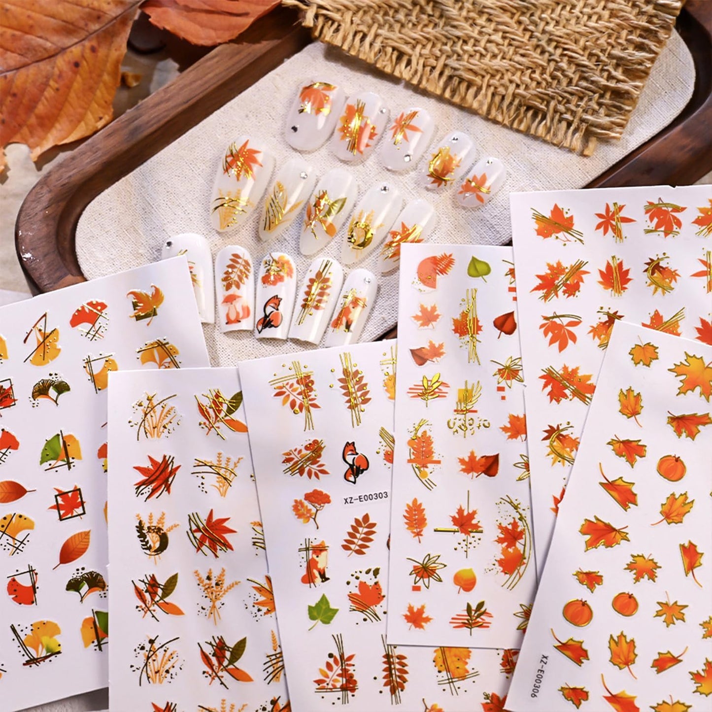 Fall Nail Art Stickers Decals Thanksgiving Maple Leaf Nails Decals Self-Adhesive Autumn Maple Leaves Nails Stickers for Nail Art Decals (6 Sheets)