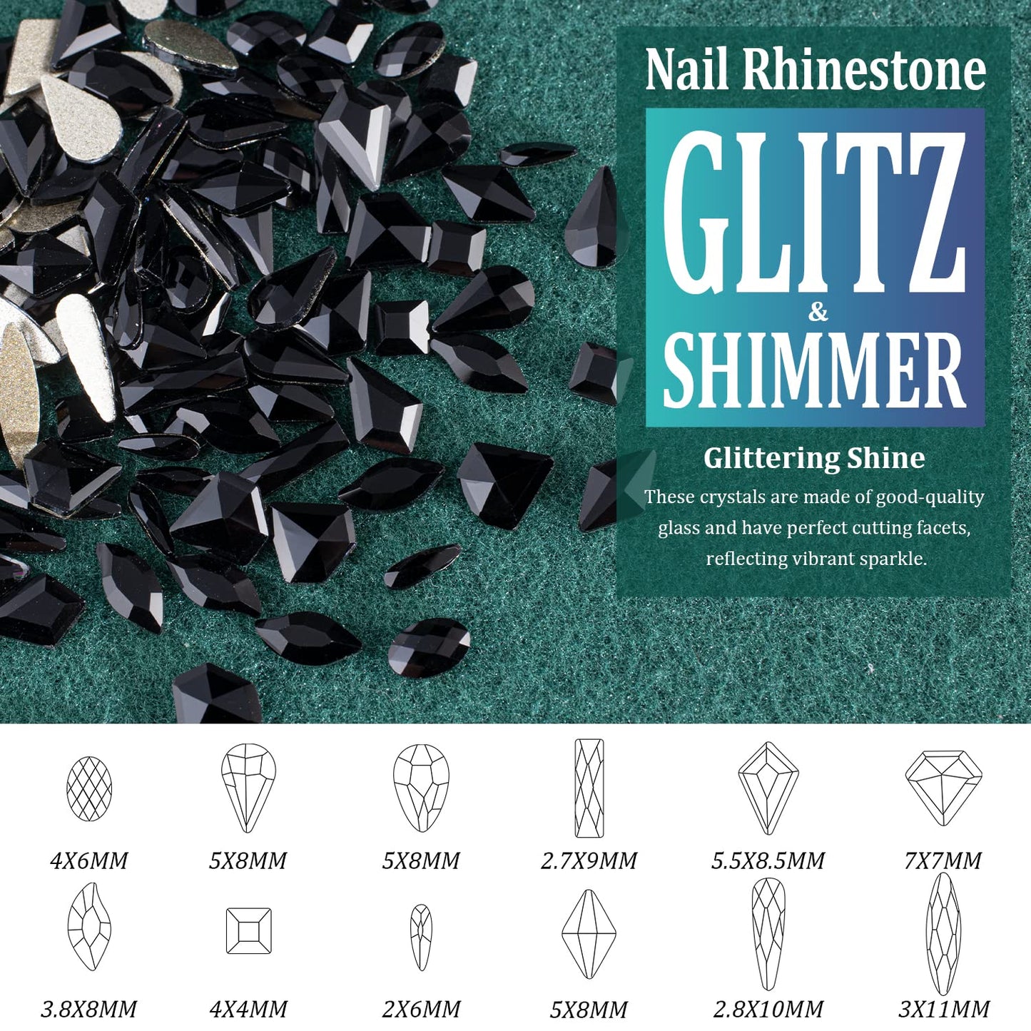 Multi Shapes Black 3D Glass Crystal Nail Art Rhinestones Kit with Flatback Round Bead Charm Gem Stone Jewelry Diamond with Pickup Pen + Tweezer for Manicure Makeup DIY Craft Decoration