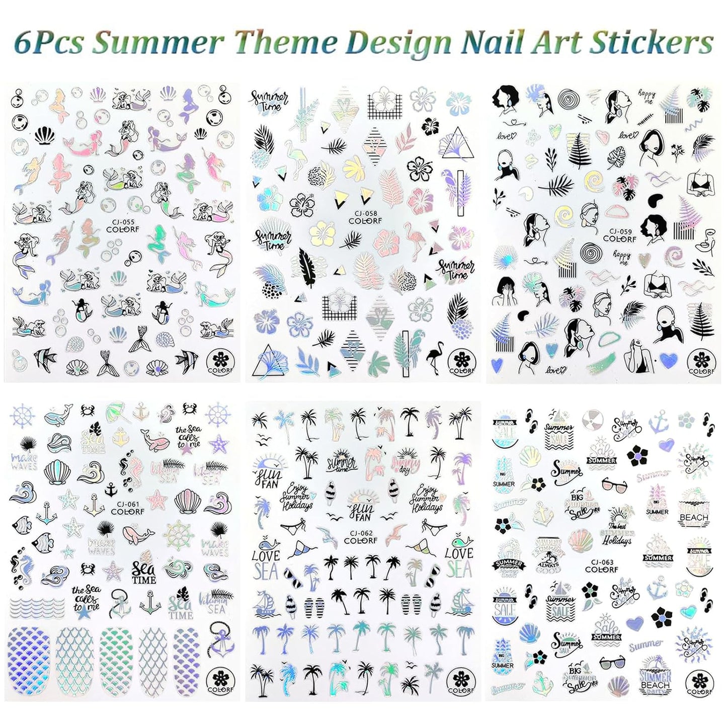Summer Nail Art Stickers 6 Sheets Shell Nail Decals 3D Self-Adhesive Nails Design Accessories Palm Tree Jellyfish Mermaid Stickers for Women Nails Decoration