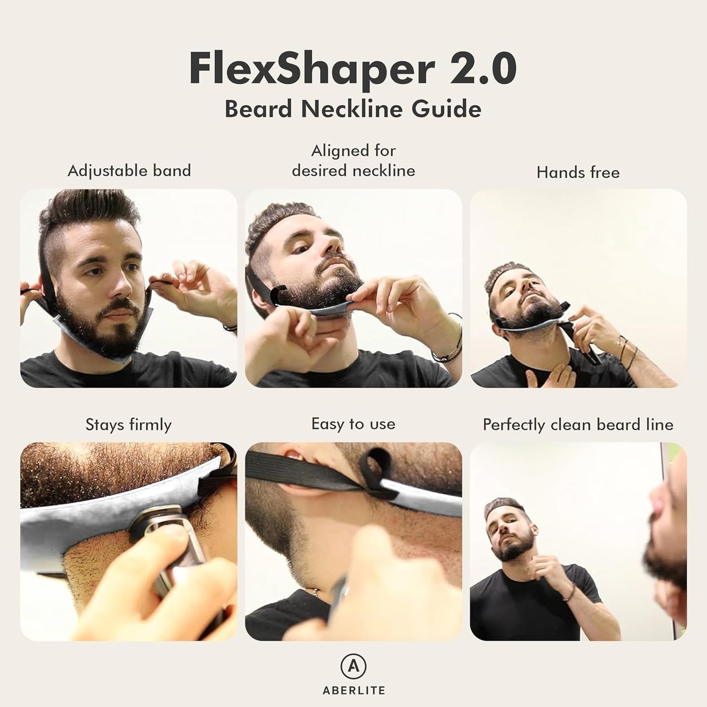 Aberlite FlexShaper 2.0 - Beard Shaper for Men - Hands-Free & Flexible Neckline Guide - Beard Trimmer Tool - Lineup Stencil Kit - White