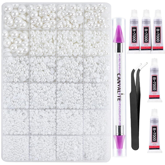Canvalite 11000Pcs Flatback Pearls for Crafting, Multiple Sizes Half Nail Pearls with 5Pcs B7000 Jewelry Glues & Picker Tools Bedazzling Bead for DIY Crafts Clothing Tumblers Shoes Decors Nail Art
