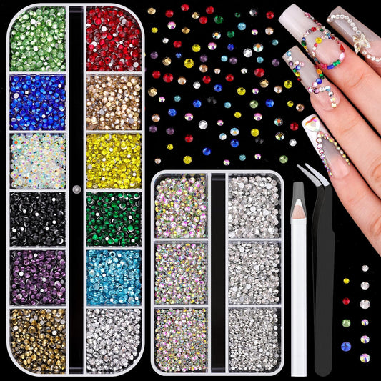 5400Pcs Glass Crystal Small Rhinestones for Nail Art, Tiny AB Clear Colorful Rhinestone Flatback Bedazzling Gems, Nail Rhinestones and Gems Crystals Charms for Acrylic Tips Manicure Decor
