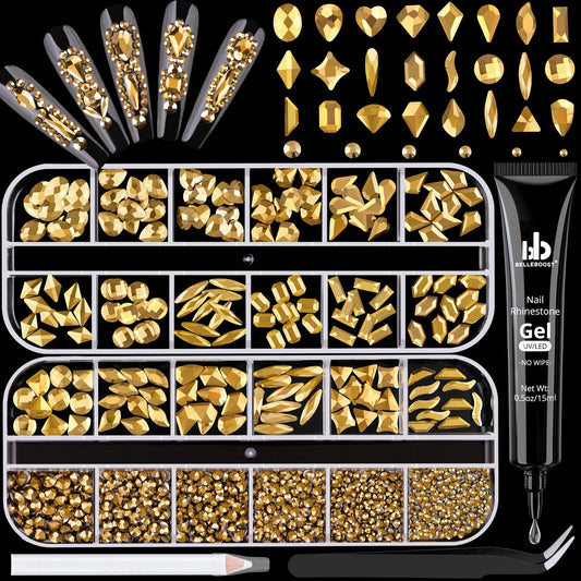 1680Pcs Mineral Gold Glass Nail Rhinestones 180Pcs Multi Shapes Flatback Nail Gems + 1500Pcs 1.5-4mm Round Crystal with Rhinestones Glue Gel, Manicure Nail Charms Diamond Gemstone for Nail Art