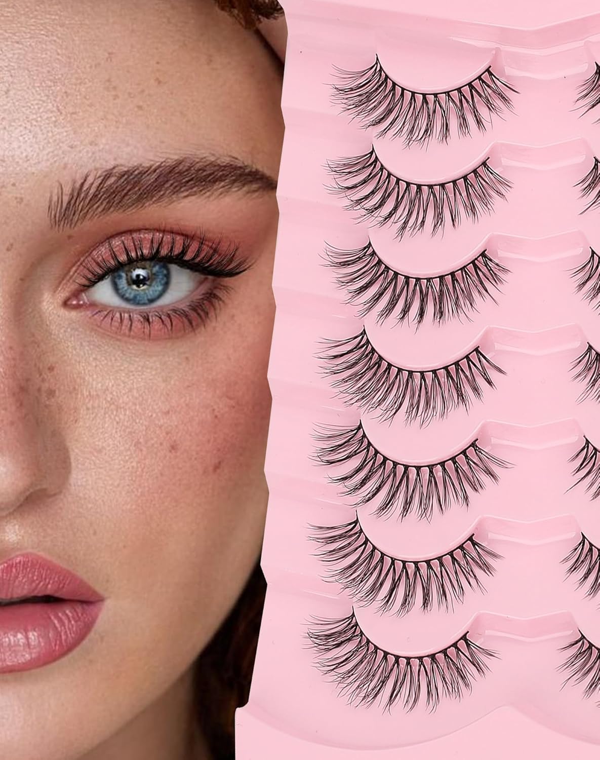 Wispy Lashes Natural Look Flared Strip False Eyelashes Round Eye Lash Soft False Mink Eyelash Fluffy Pack 7 Pairs 15MM D80