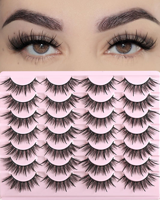 FARRED Wispy Lashes Hybrid Mink Eyelashes 14 Pairs Short Cat Eye Natural Fluffy False Eyelashes Faux Mink Strip Eye Lashes Pack for Daily Makeup (F17 | 8-16 mm)