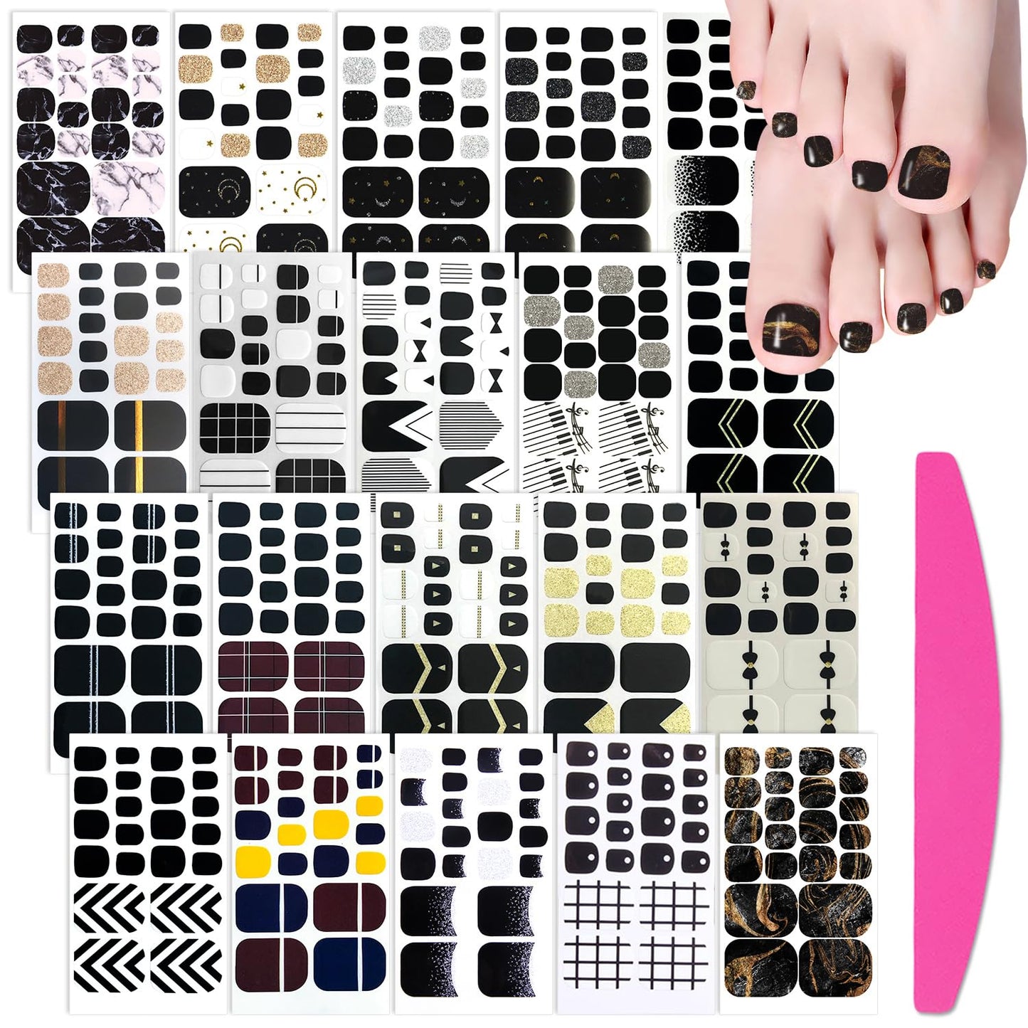 SILPECWEE 20 Sheets Black Toe Nail Stickers Full Nail Wraps for Toes Toenail Polish Strips Gel Nail Strips Self Adhesive Toenails Polish Stickers Nail Art Manicure Sticker with Nail File