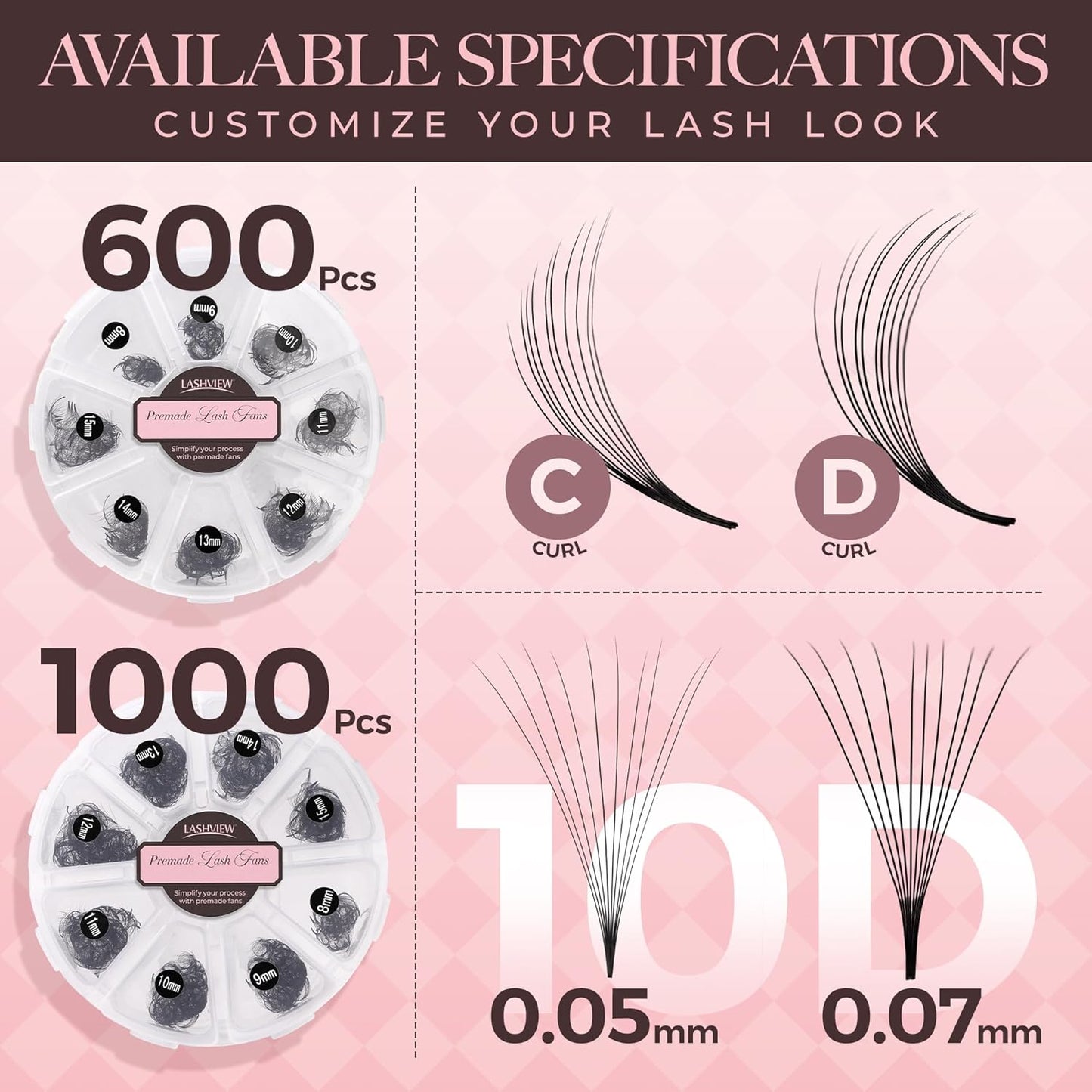 LASHVIEW 600 Premade Volume Eyelash Extensions Mixed Tray Fans C Curl Pointed Handmade Loose Fans Thin Base (10D-0.07C,8-15mm)