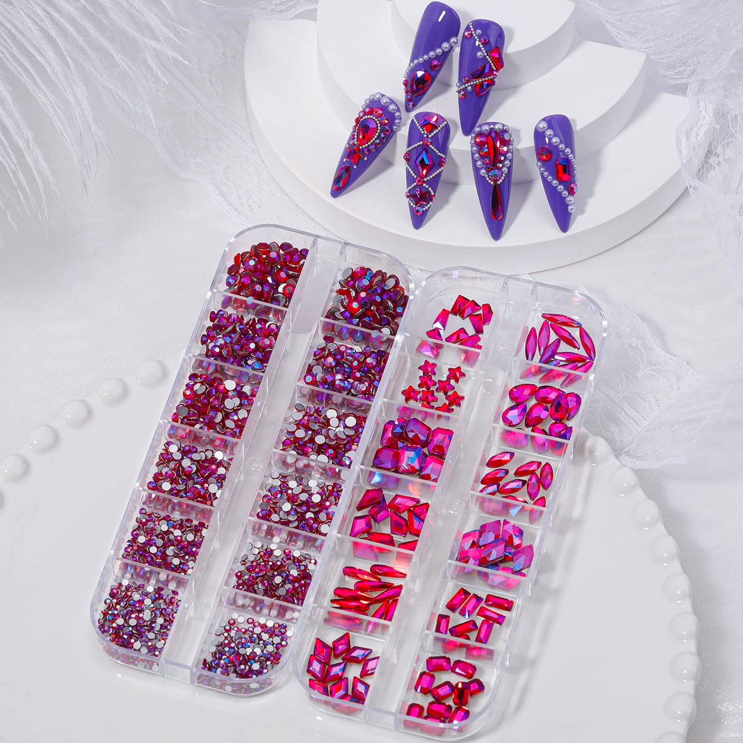 HNUIX Nail Rhinestones - 3D Multi Shape Size, Crystal AB Red Nail Gems, Flat Back, with Kit, for Nail Art, DIY Decorations