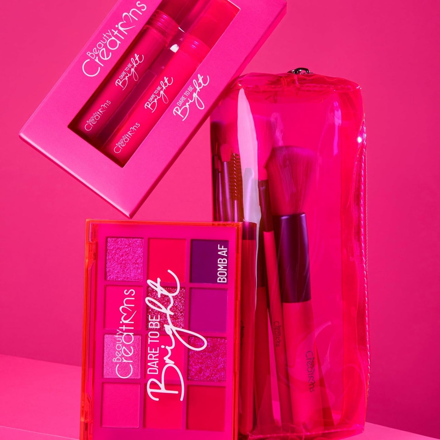 Beauty Bundle Beauty Creations Dare To Be Brights Collection Bomb AF 12 color eyeshadow palette, Lip Set & 15pc Brush Set and Pouch Enclosed in Hot Pink Box