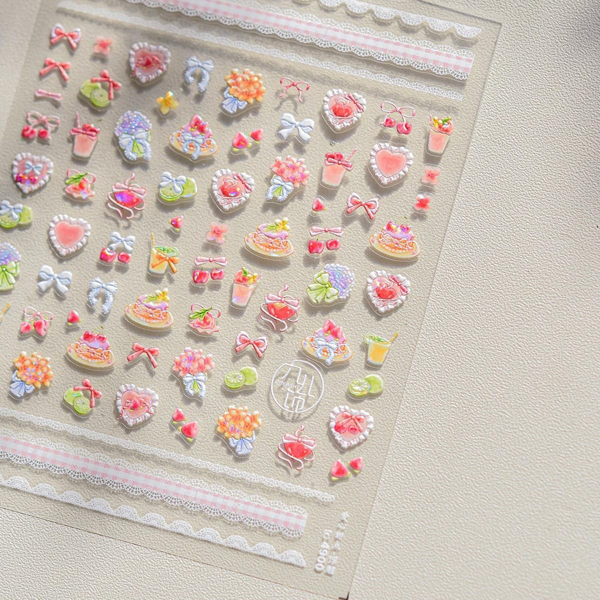 5D Embossed Shortcake Nail Stickers for Nail Art Pink Bow Heart Nail Decals Summer Cute Stickers for Nails Designs Self Adhesive Nail Supplies & Decorations for Women Girls 1 Sheet