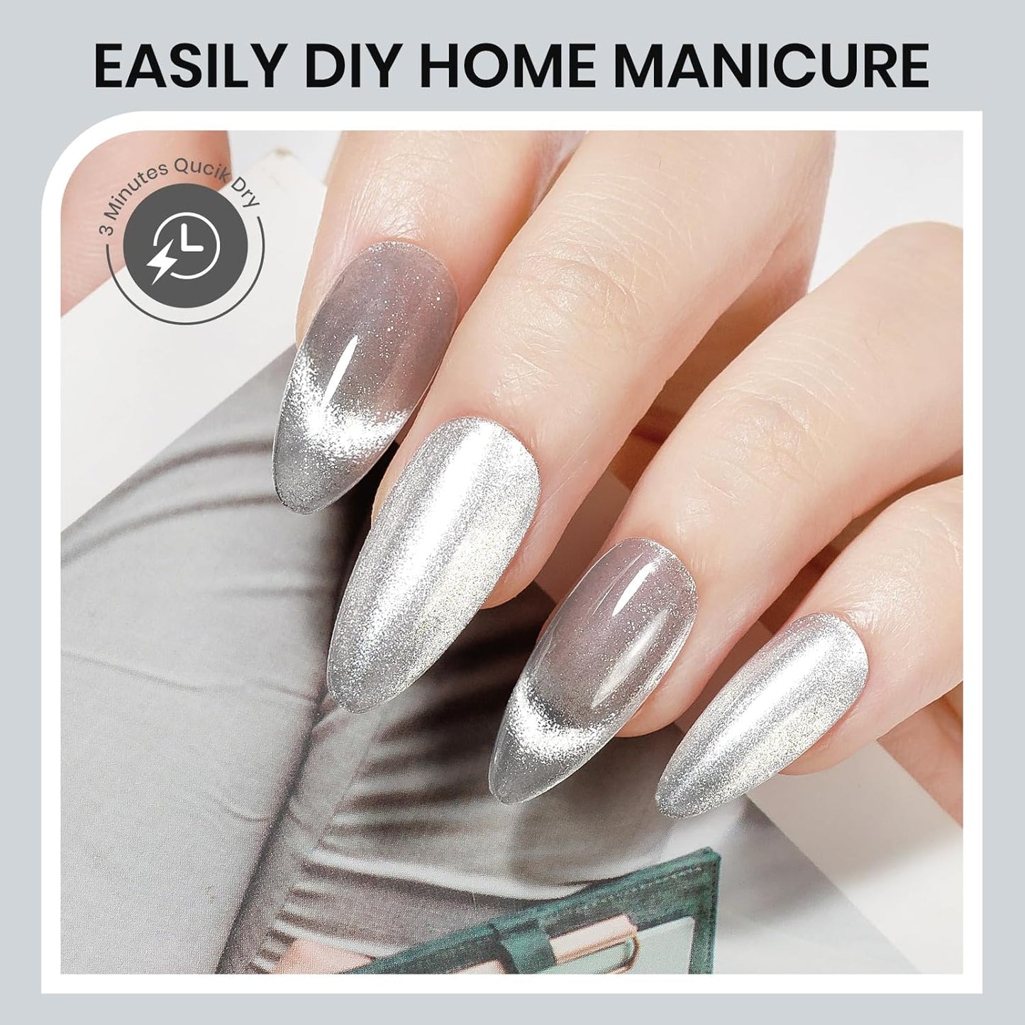 Silver Cat Eye Nail Polish Non Gel Quick Dry Glitter Magntic Nail Polish Cats Eye Toe Fingernail Air Drying Fast Lacquer Manicure Gift For Women Girls 16ml, 0.54fl oz