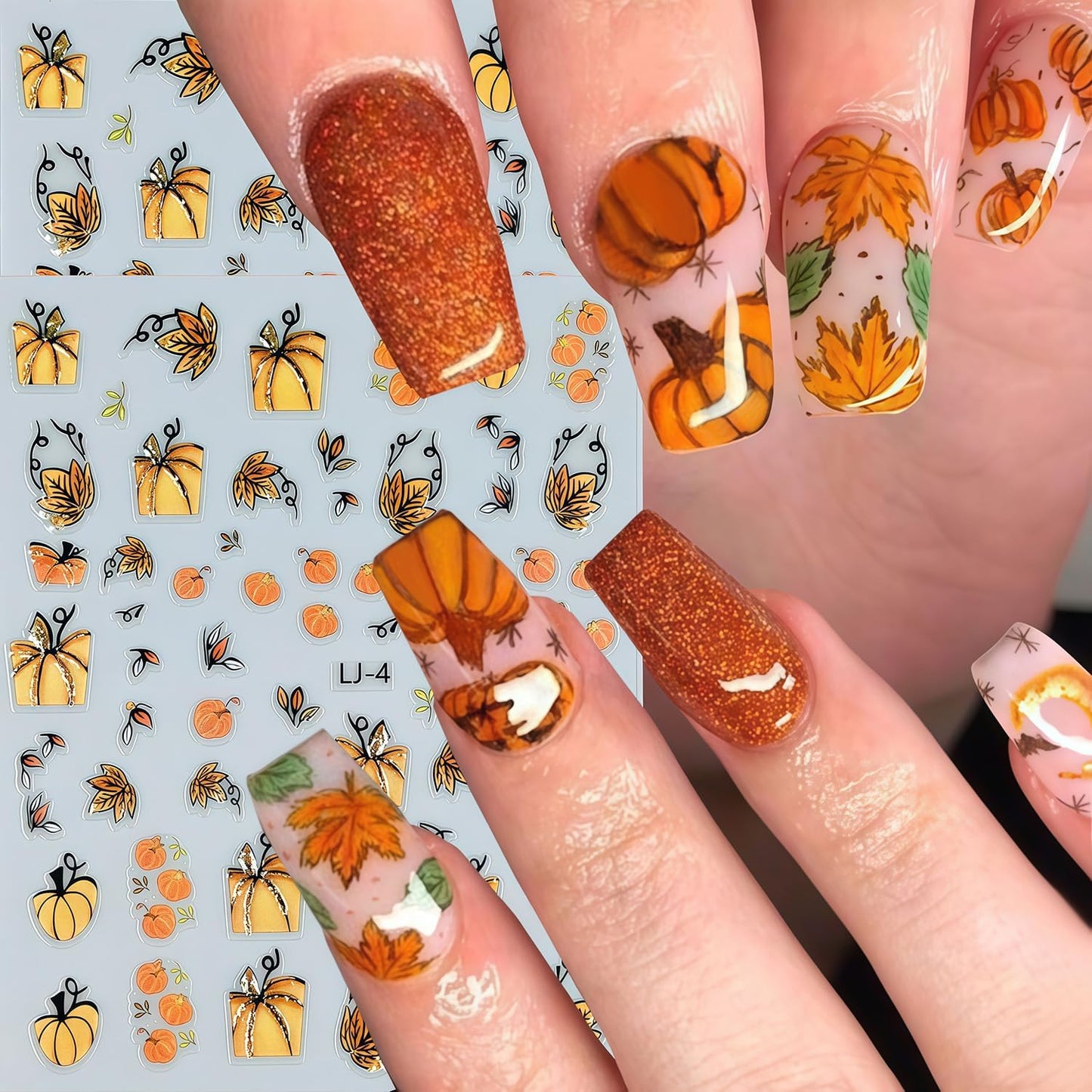 6 Sheets Fall Nail Stickers Thanksgiving Nail Decals 3D Self-Adhesive Glitter Autumn Maple Leaves Pumpkin Design Stickers Fall Maple Leaf Nail Art Sticker for Women Holiday DIY Manicure Decoration