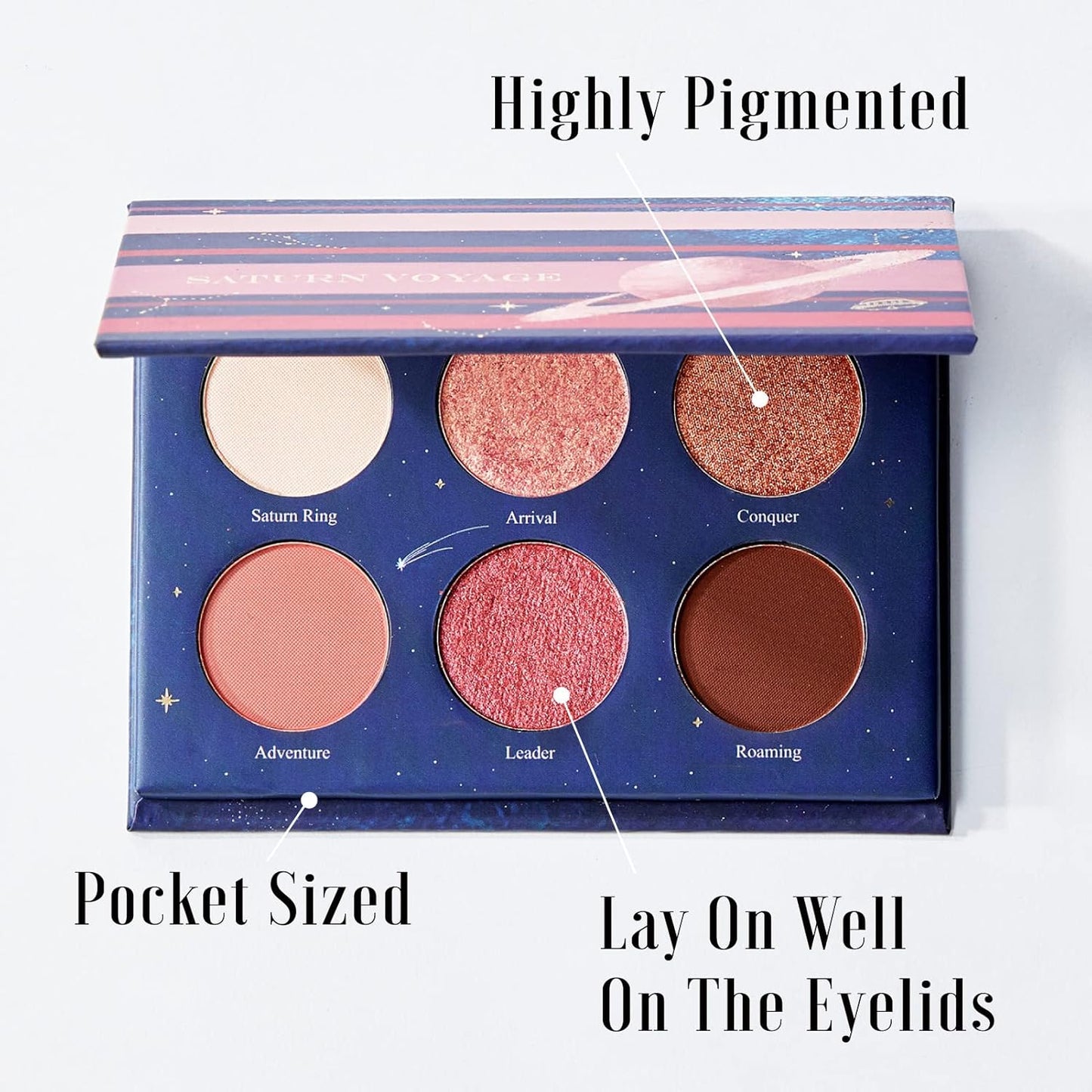 READY TO SHINE Pocket-Sized Small Eyeshadow Palette with 6 Highly Pigmented Matte, Frost, and Shimmer, Saturn Voyage Mini Travel Eyeshadow Palette