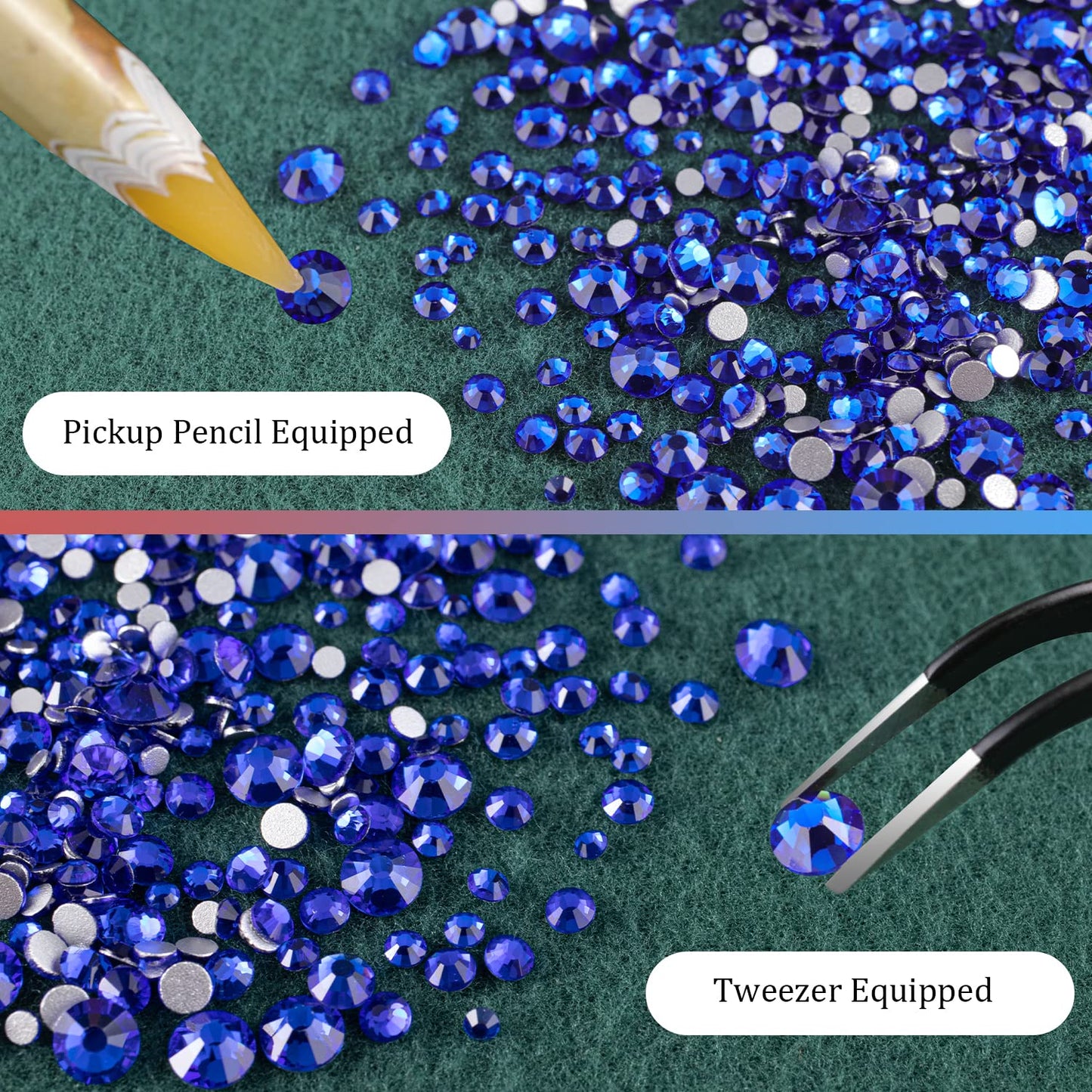 6 Sizes Royal Blue Glass Crystal Kit with Pickup Pen + Tweezer Tools for Shine Nail Art Manicure Makeup DIY Decoration Flatback Round Rhinestone Gem Jewelry Diamond