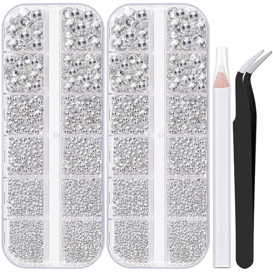 Two Packs of Flatback Rhinestones 4000 Pcs Nail Art Rhinestones Flatback Transparent White Clear Rhinestone with Picker Pencil and Tweezer for Nail Art and Decoration