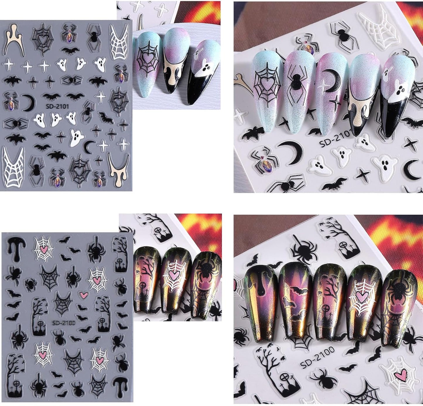 6 Sheets Halloween Nail Stickers 5D Self Adhesive Bat Skull Pumpkin Spider Designs Cute Ghost Nail Art Stickers Halloween DIY Manicure Charms for Holiday Decoration for Women