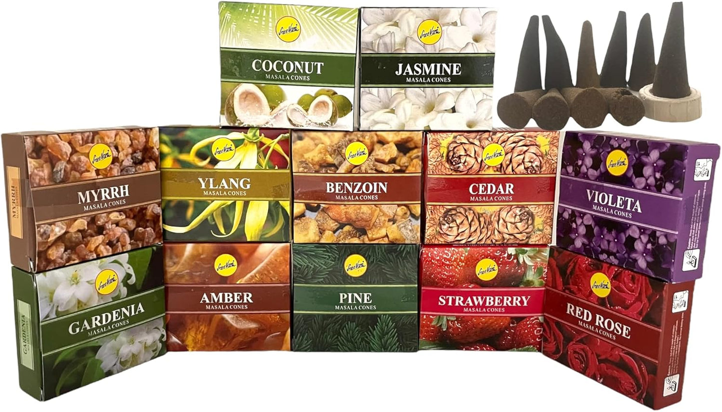 Sreevani Natural Masala Incense Cones and Holder Bundle, 120 Cones Total, Assorted #2
