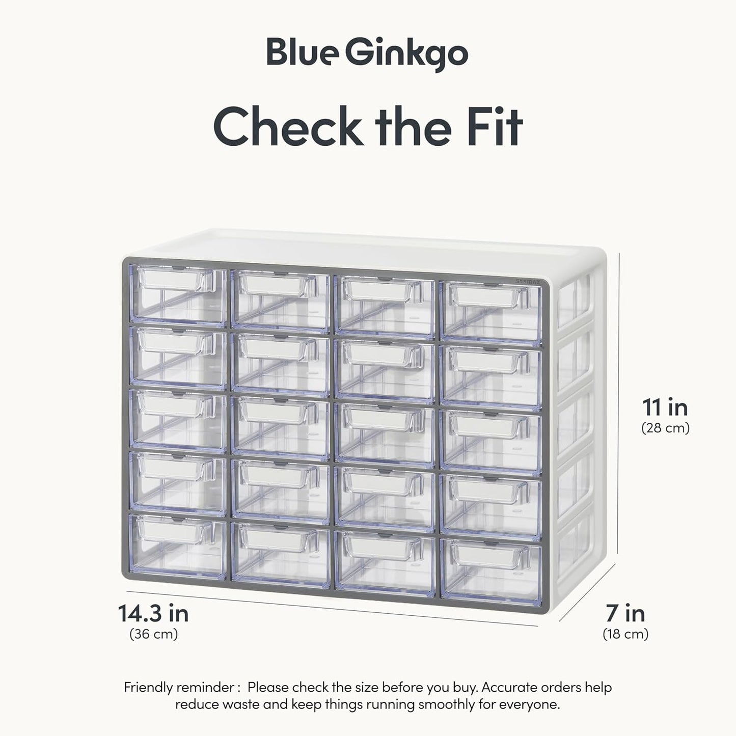 Blue Ginkgo Small 20-Drawer Cabinet – Stackable Clear Organizer for Hardware, Beads, Plastic Bricks, Office, and Craft Storage (Made in Korea, Gray)