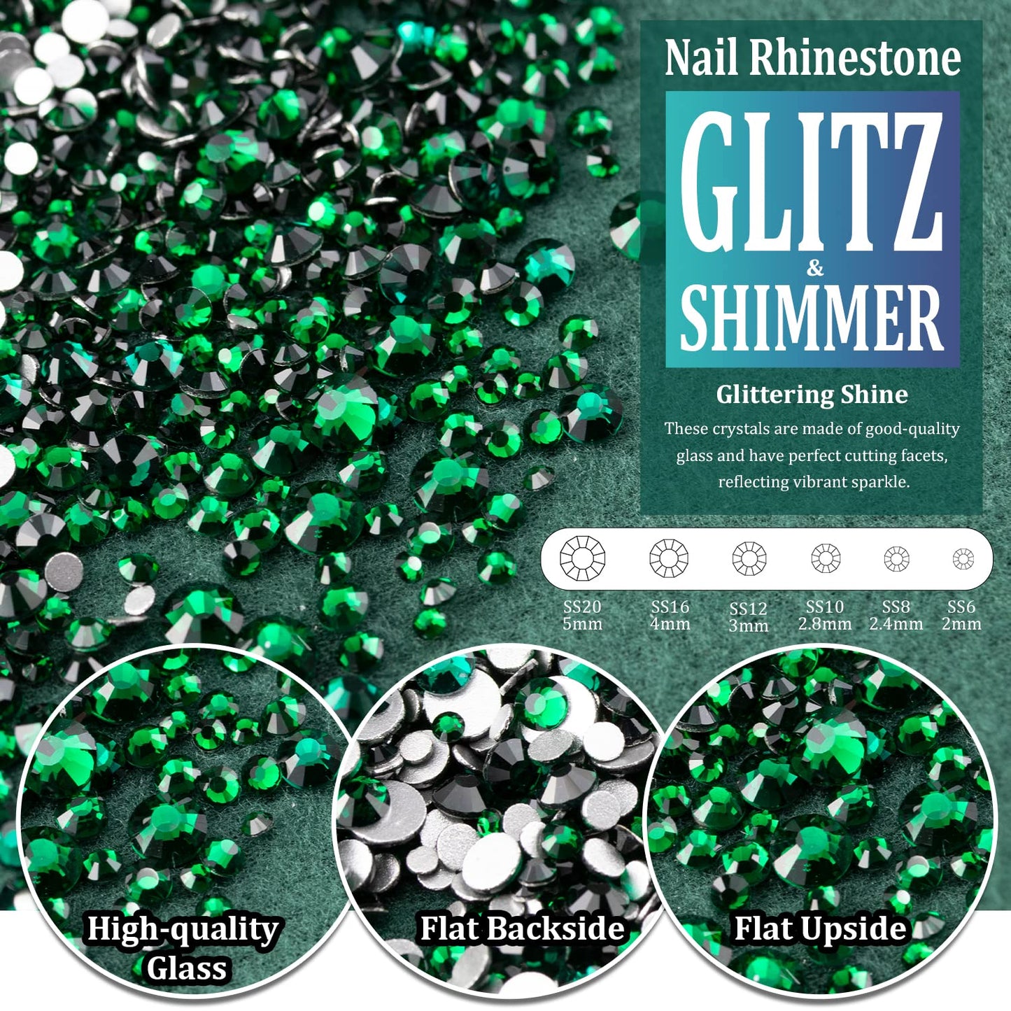 Multi Shapes Dark Green 3D Glass Crystal Nail Art Rhinestones Kit with Flatback Round Bead Charm Gem Stone Jewelry Diamond with Pickup Pen + Tweezer for Manicure Makeup DIY Craft Decoration
