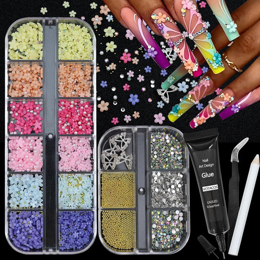 Nail Charms Rhinestones Colorful Nail Art Gems with Glue Gel Flatback Pearls Supplies Luxurious Crystal AB Rhinestones Nails Accessories Jewelry Pearls for Women Nails DIY Design