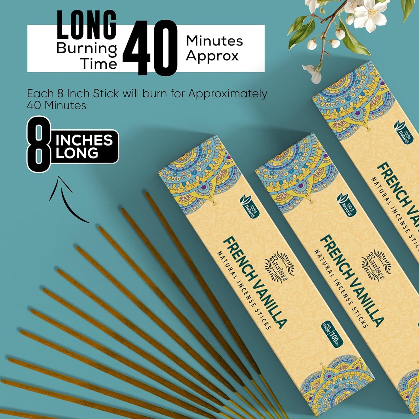 Raajsee French Vanilla Incense Sticks (180 gm), 100% Pure Organic Natural Hand Rolled Free from Chemicals - Perfect for Aromatherapy, Cleansing, Meditation, and Church (Pack of 12)