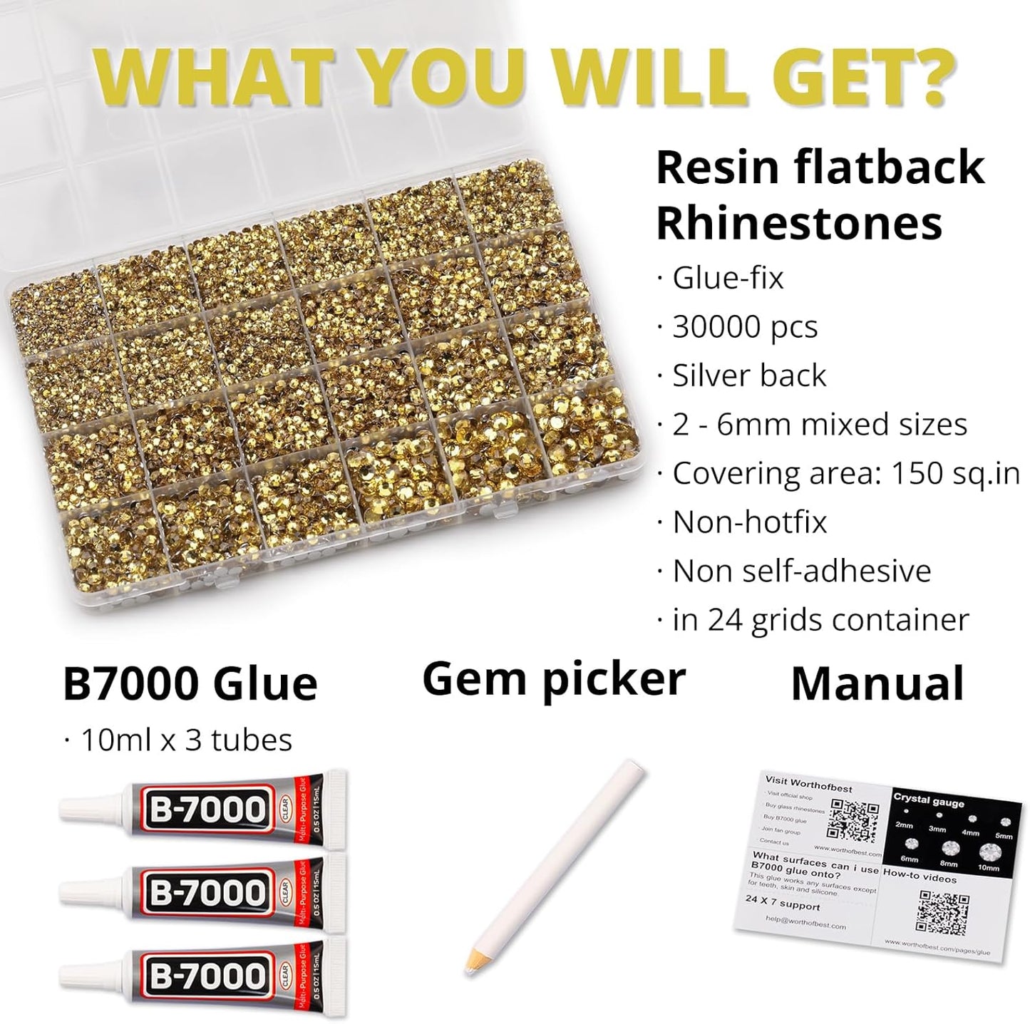 30000Pcs Resin Rhinestones Set for Crafting Bedazzling, Citrine Flatback Gems Jewels for Crafts Clothes Shoes Fabric Outfit Nails Makeup, Flat Back Crystal 2-6mm with b 7000 Glue