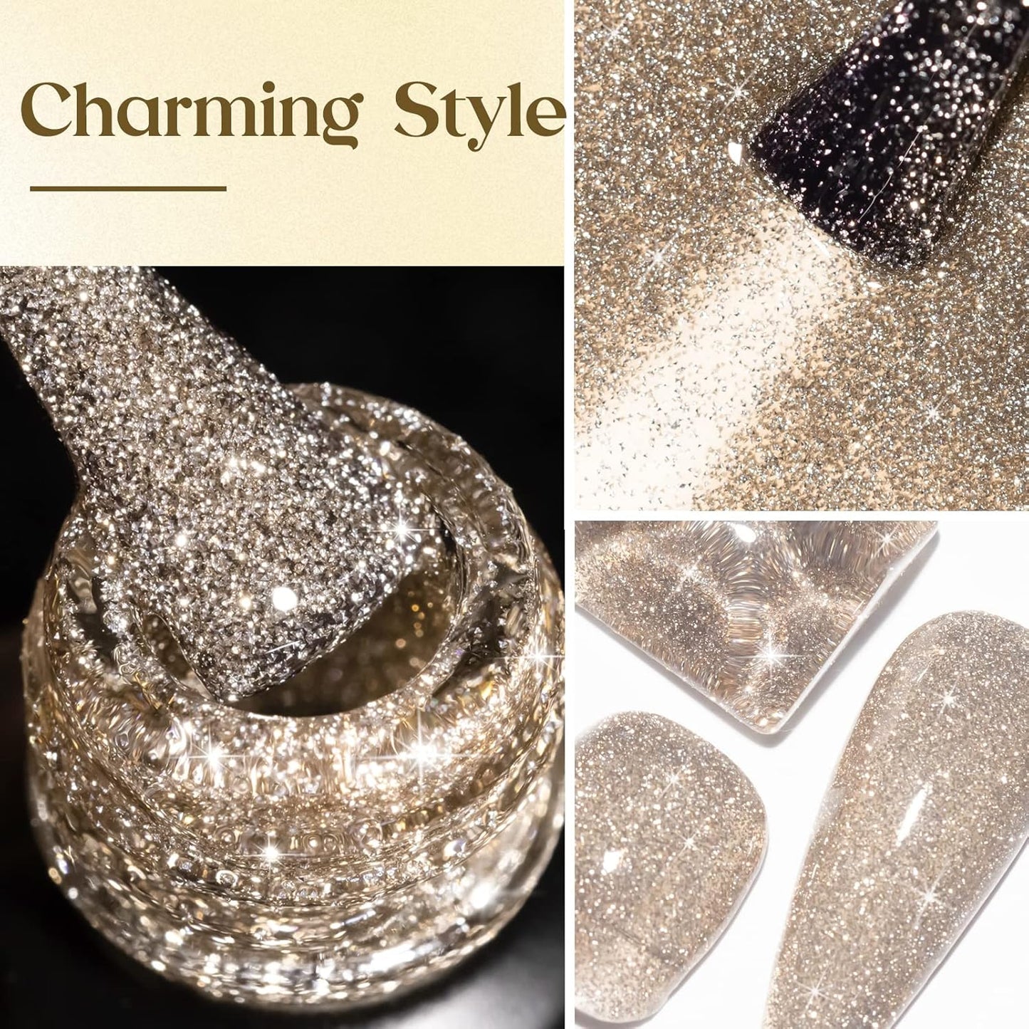 MIZHSE Reflective Glitter Gel Nail Polish, Light Gold Sparkly Shiny Gel Polish, Shimmer Nail Gel Soak Off Nail Art Manicure DIY at Home