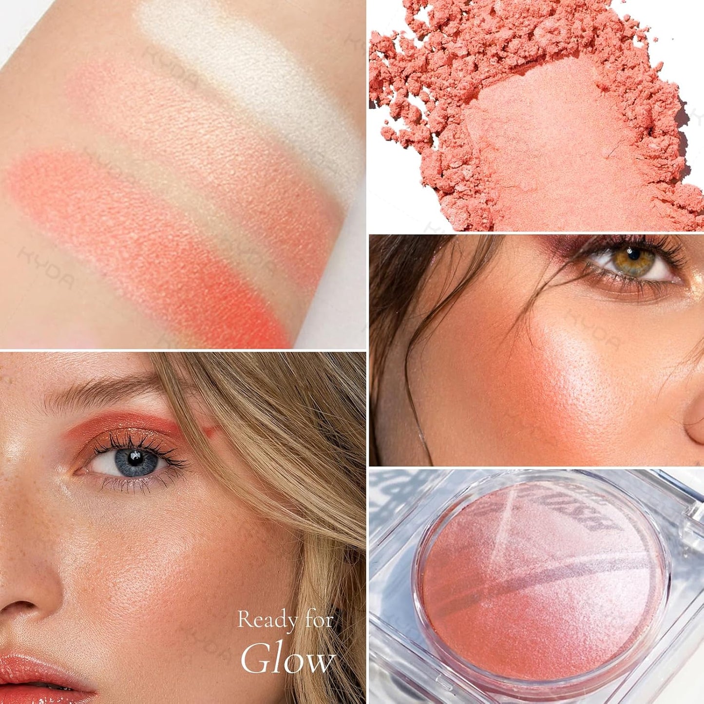 KYDA Baked Blush, Orange Glow Powder for Blush and Highlighter, High Glossy Finish, Lightweight Blendable Shimmer Blusher, Multiuse Baked Powder, 0.53 oz