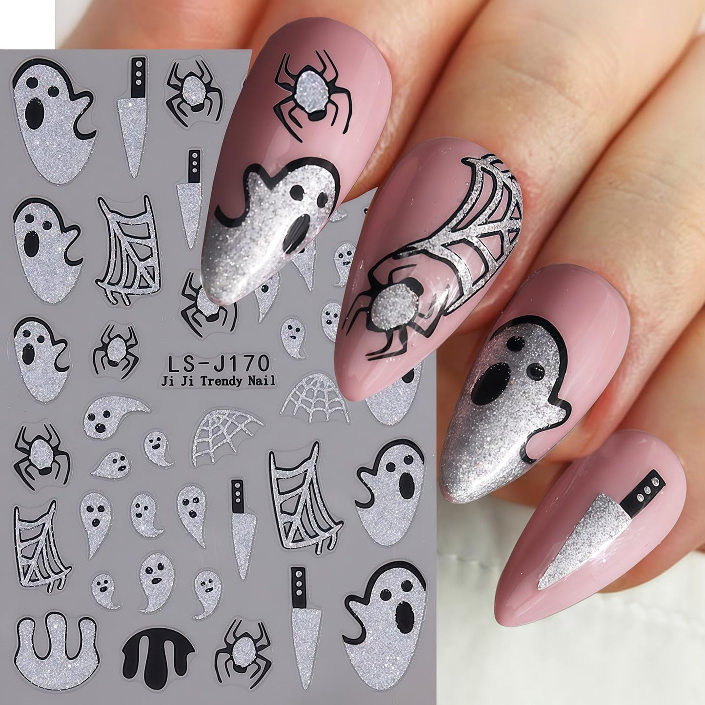 Halloween Nail Art Stickers Spider Web Nail Decals 2 Sheets 3D Self-Adhesive Glitter Spider Ghost Blood Nail Decals Day of Death Nails Stickers Holiday DIY Manicure Decoration Sticker for Women