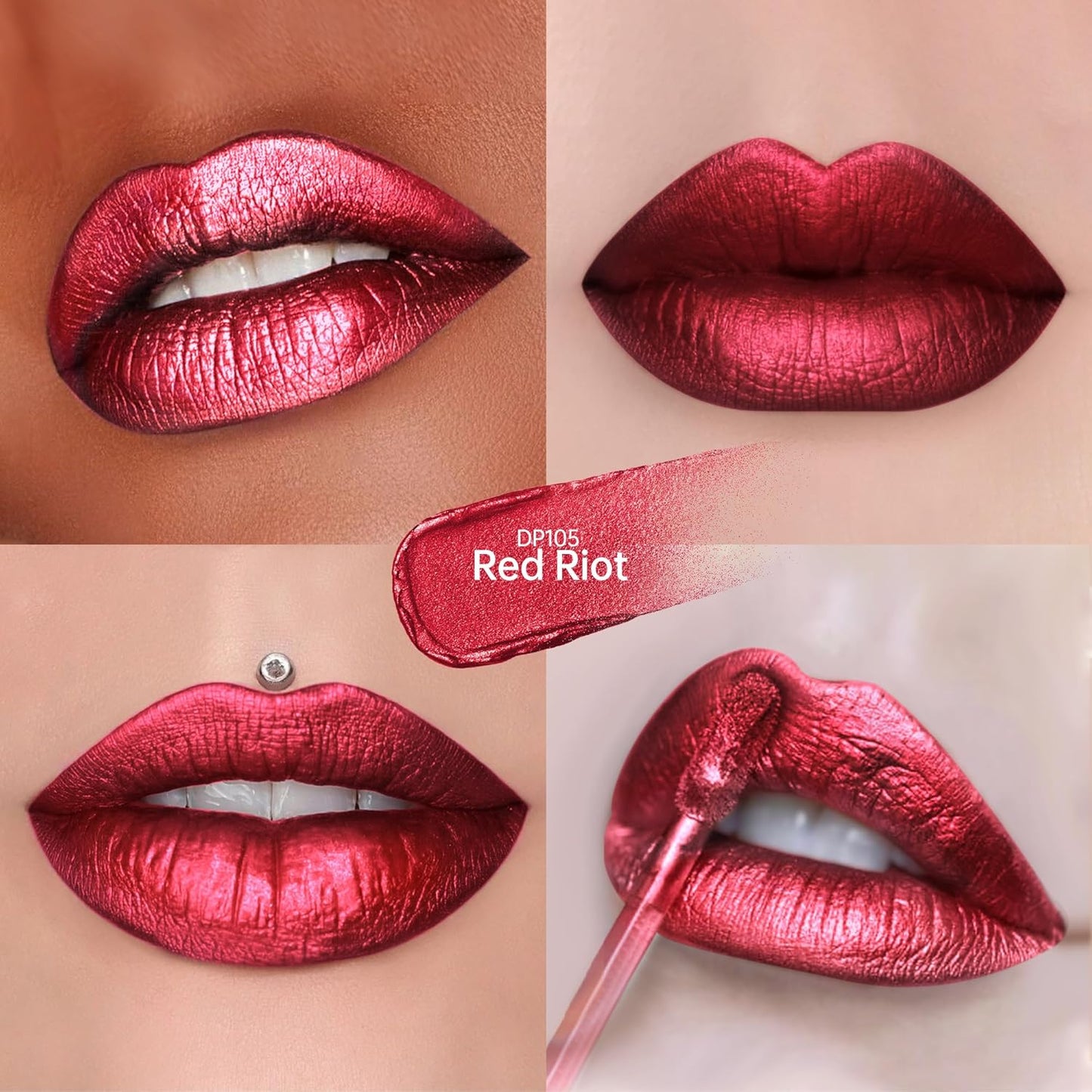 Red Lipsticks for Women Metallic Lipstick Long Lasting Non Stick Cup Lip Gloss, Metal Shine Lightweight Hydrating Full Coverage Lip Color, DP105 Red Riot