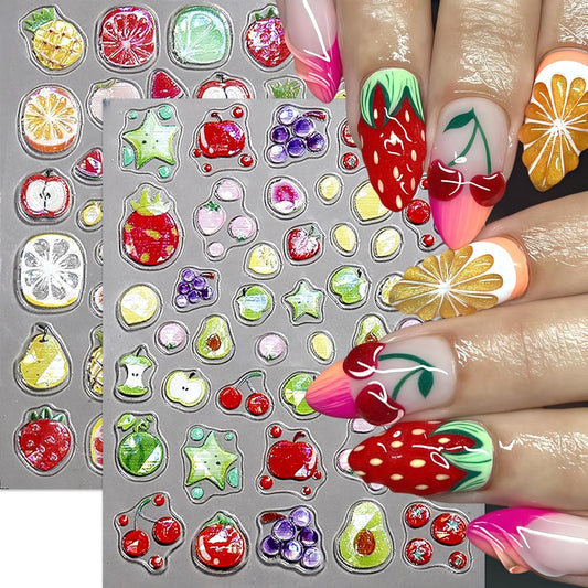 2Pcs Summer Fruit Lemon Nail Stickers for Nail Art Embossed 5D Self-Adhesive Pineapple Cherry Nail Decals Grapes Nail Art Stickers Apple Nails Sticker Strawberry Nail Design for Women DIY Nails Decor