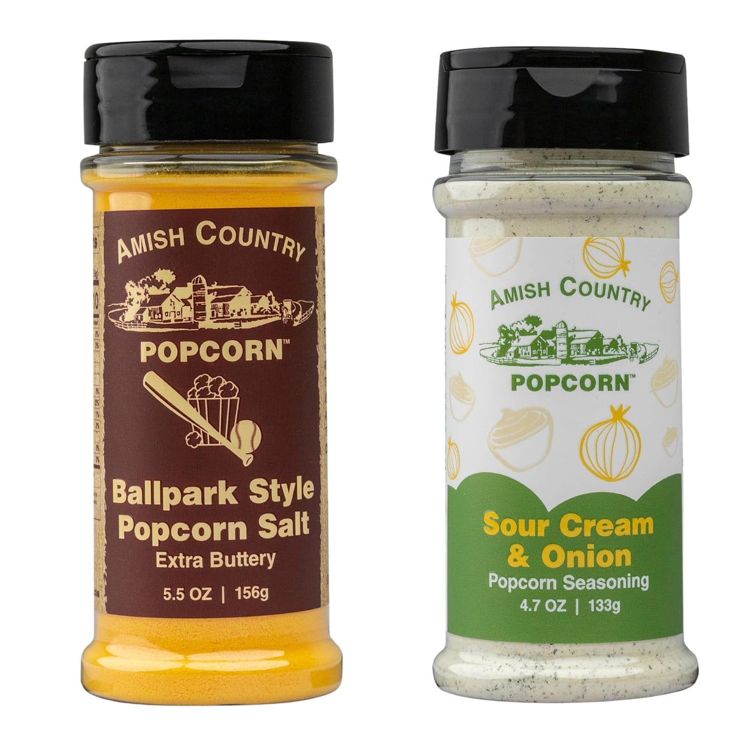 Amish Country Popcorn | Seasoning Variety Pack | Ballpark Style Buttersalt - 5.5 oz and Sour Cream and Onion - 4.7 oz Popcorn Seasoning | Old Fashioned, Non-GMO and Gluten Free
