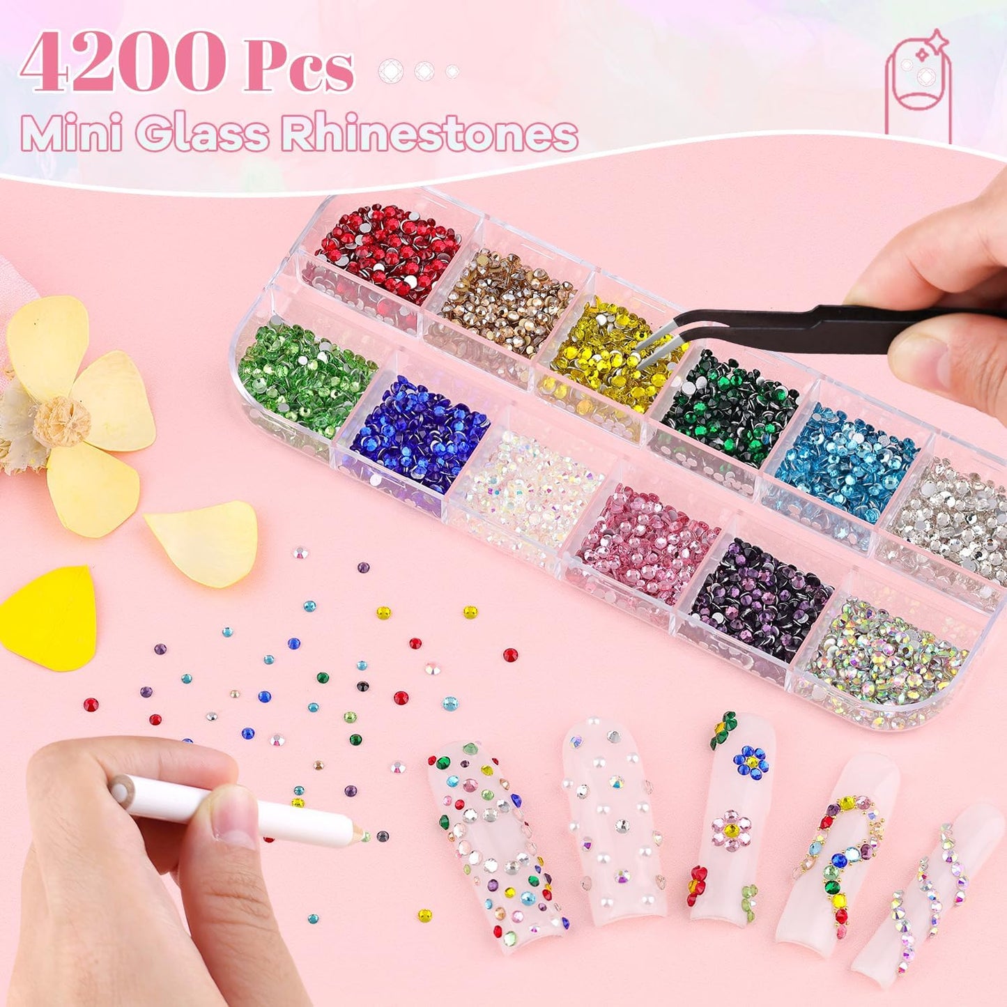 4200Pcs Small Glass Crystal Rhinestones for Nail Art with 15ML Nails Rhinestone Glue, Colorful SS3-SS10 Flatback Bedazzling Gems, Nail Rhinestones and Gems Charms for Acrylic Tips Manicure Decor